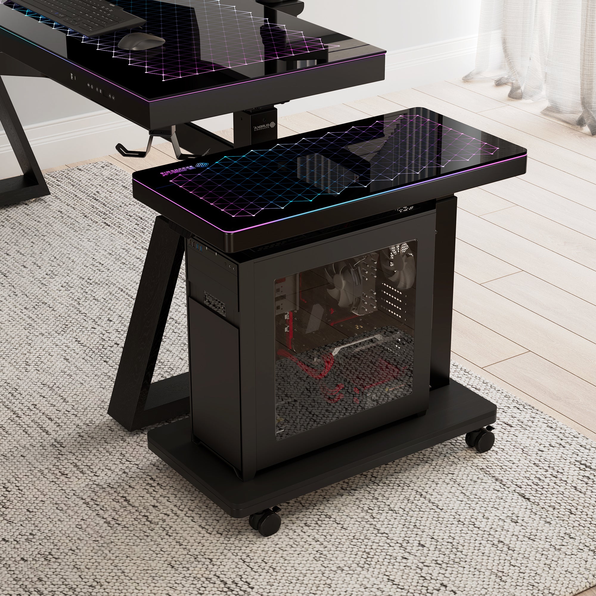 Adjustable Height Illuminated Computer CPU Stand Cart - Perfect for Office, Gaming & Home Workspace Organization