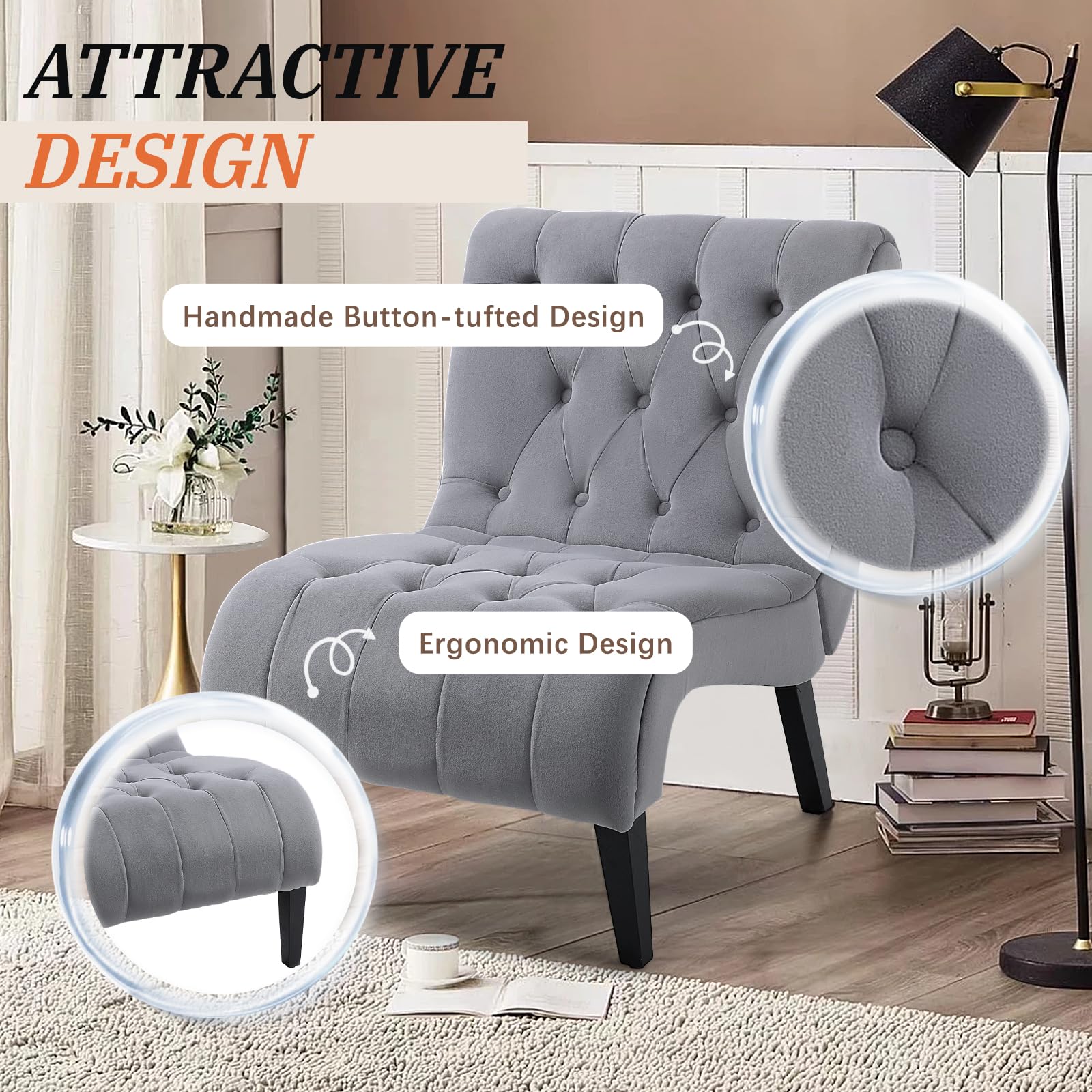ECOTOUGE Velvet Upholstered Accent Chair - Armless Lounge Chair with Sturdy Wood Legs, Button Tufted Seat & Back for Ultimate Comfort | Perfect Reading Chair for Bedroom, Living Room & Home Office | Elegant Grey Home Decor
