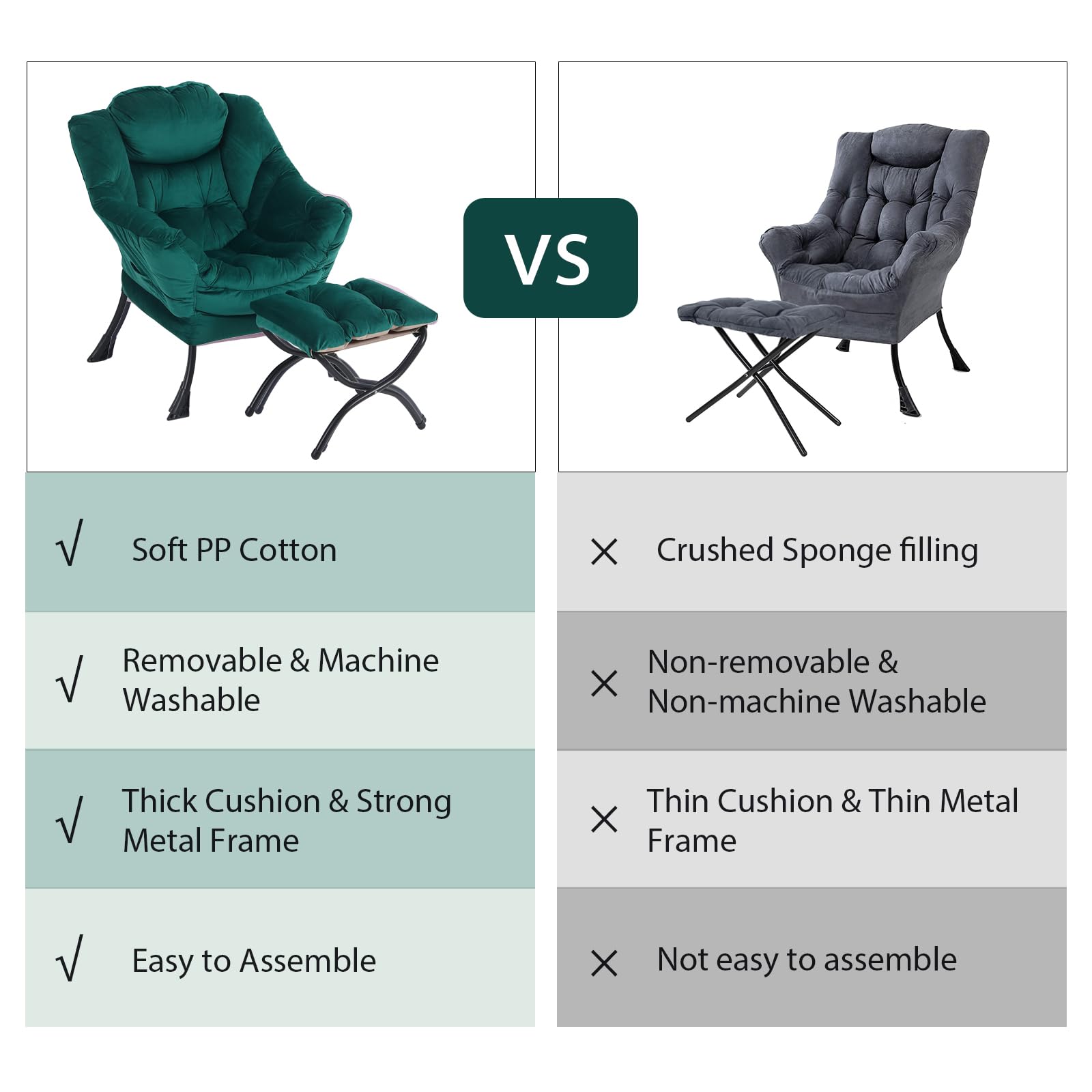 Oversized Lounge Chair with Ottoman - Modern Accent Chair with Folding Footrest, Velvet Dark Green Comfortable Reading Chair for Bedroom, Study, Living Room & Courtyard - Perfect for Relaxing, Reading & Home Decor