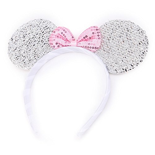 Silver Sparkly Mouse Ears with Red Bow Alice Hair Band Headband for Fancy Dress Party, Cosplay, Halloween, Disney Theme Costume Accessories