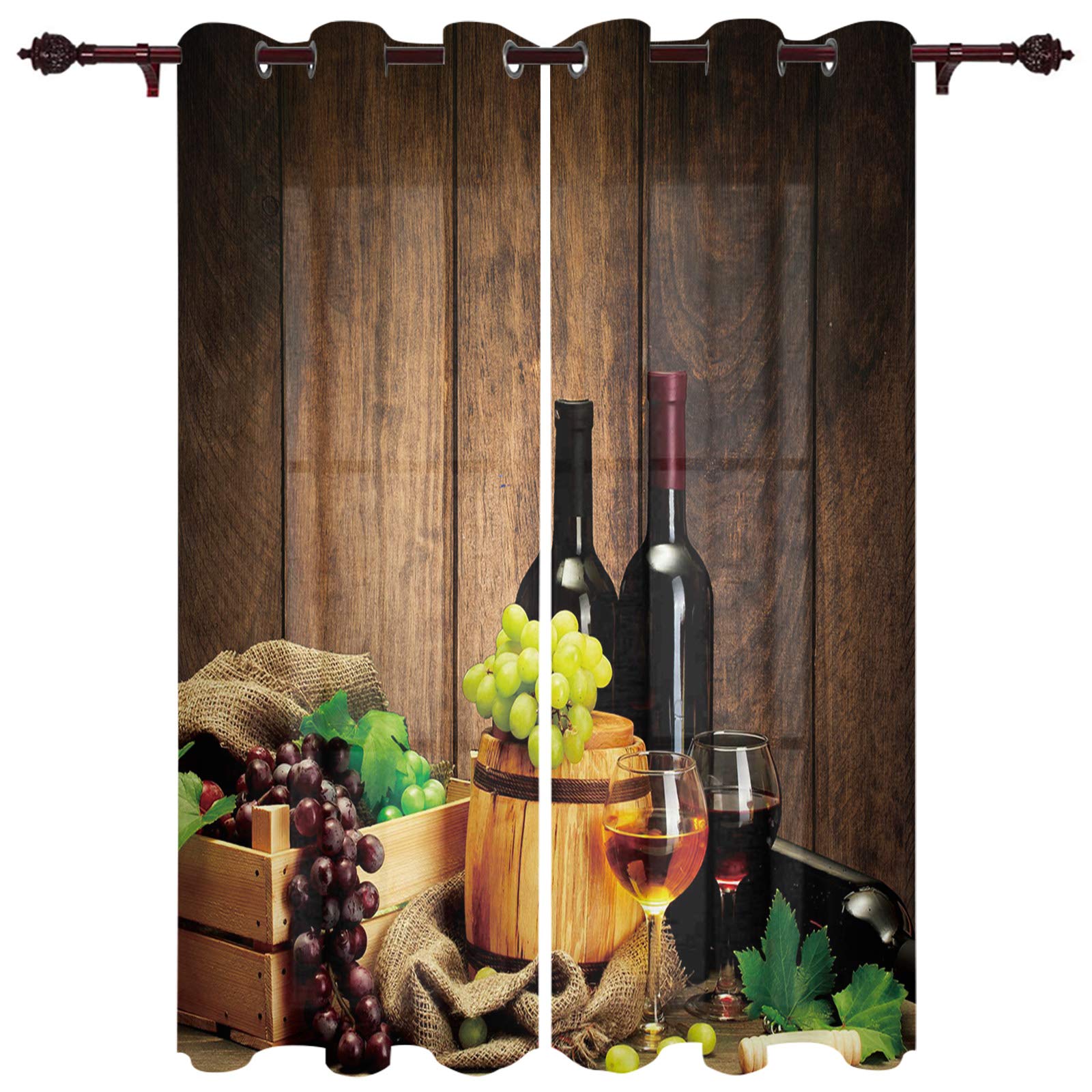 Rustic Wooden Grain Sheer Curtains with Wine Grapes & Barrels Design - 2 Panel Kitchen Tier Grommet Window Treatment (84 Inch Length) for Living Room, Bedroom, Patio Door - Perfect for Farmhouse, Vineyard or Wine-Themed Decor