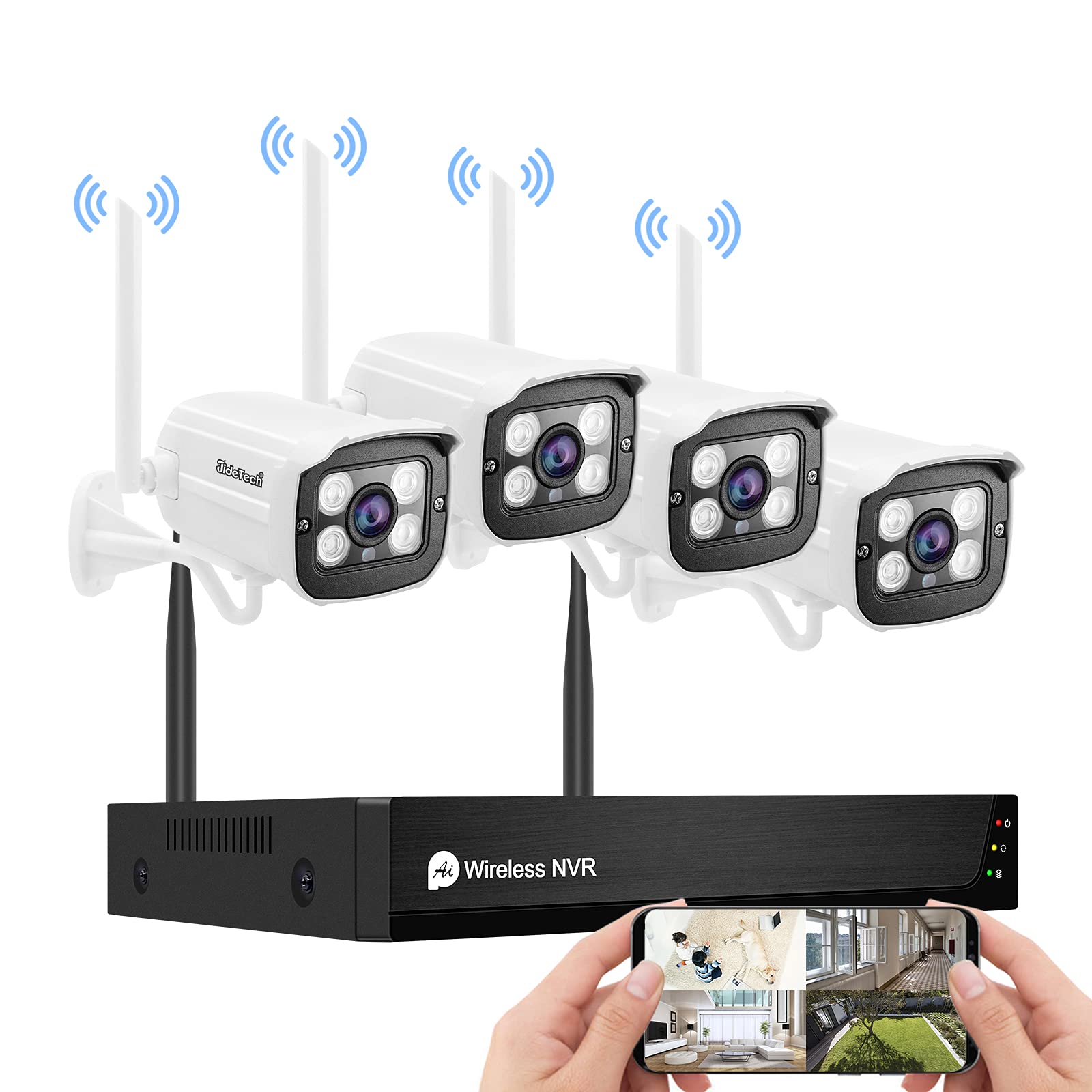 JideTech 8 Channel Wireless WiFi Outdoor Home Security Camera System - 1080P HD Bullet Surveillance Cameras with Night Vision & Motion Detection - 4 Camera NVR Kit (No HDD) - Ideal for Home, Office & Business Security Monitoring