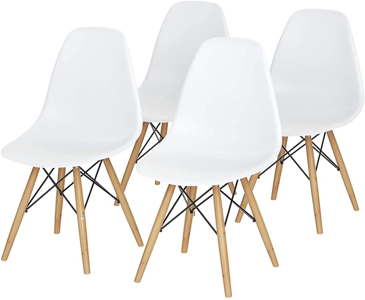 ERGOMASTER Mid Century Modern Dining Chairs Set of 4 - Sturdy Wooden Legs & Durable Plastic Shell - White Kitchen Chairs for Dining Room, Living Room, Bedroom & Office - Perfect for Home Decor & Small Spaces