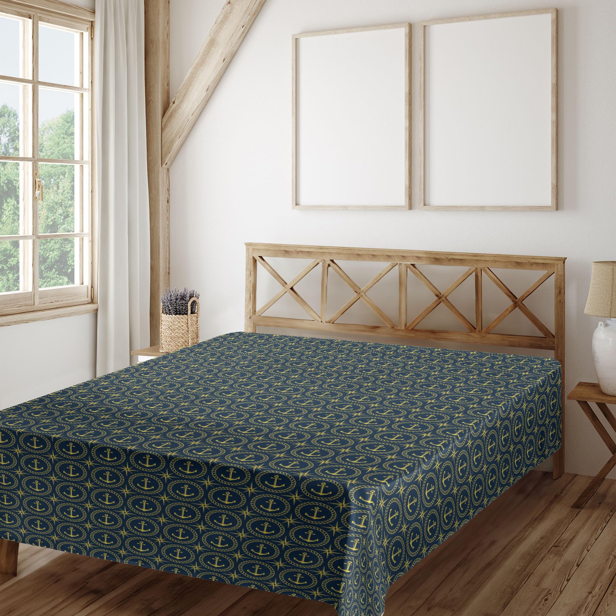Ambesonne Queen Size Anchor Flat Sheet - Abstract Cruise Ship & Windrose Nautical Design, Soft Comfortable Top Sheet for Bedding (Indigo Yellow) | Perfect for Cruise Cabins, Beach Houses & Nautical Themed Bedrooms