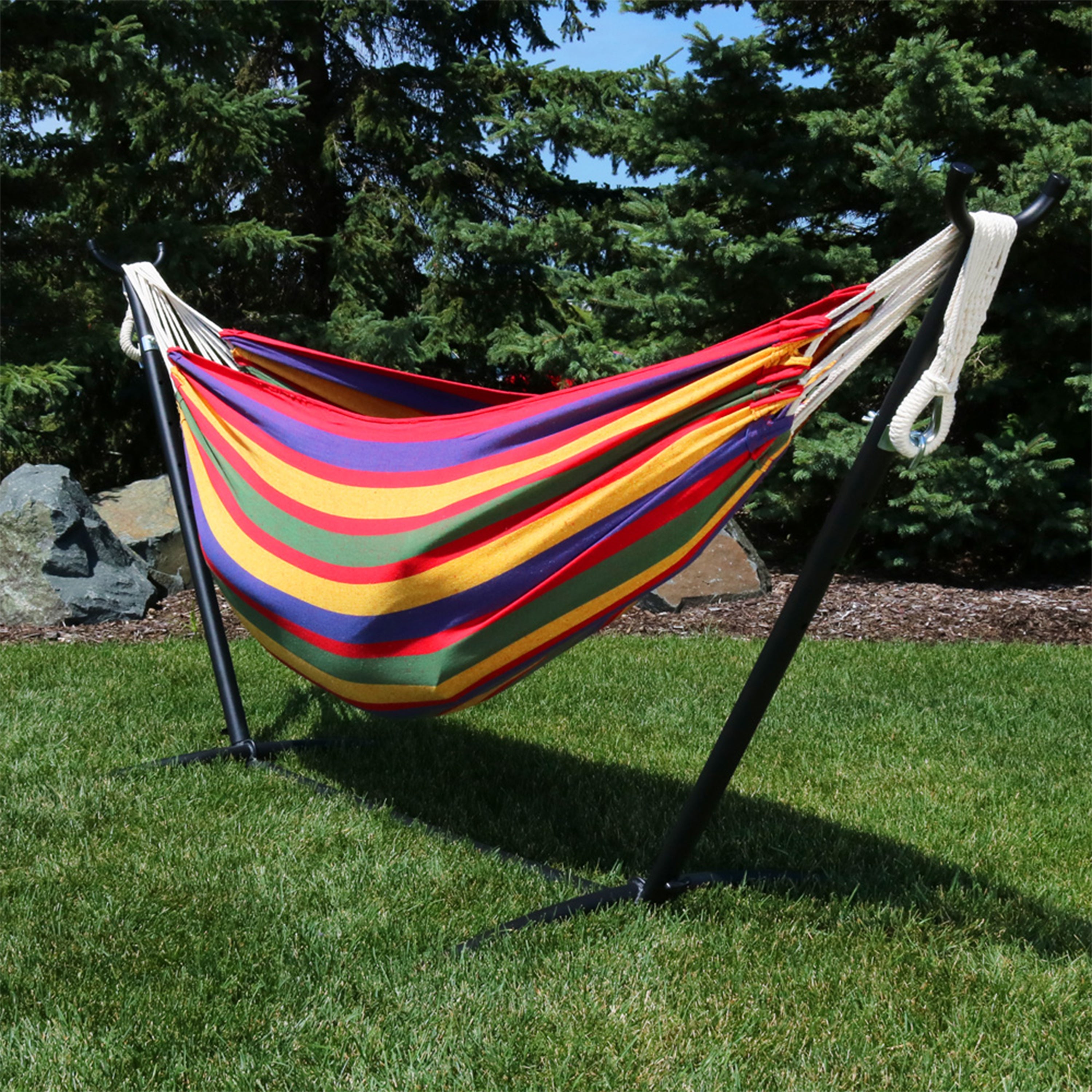 Premium Brazilian Double Hammock with Stand & Carry Bag - Heavy Duty Cotton Rope Hammock for Outdoor, Backyard, Patio & Beach Relaxation