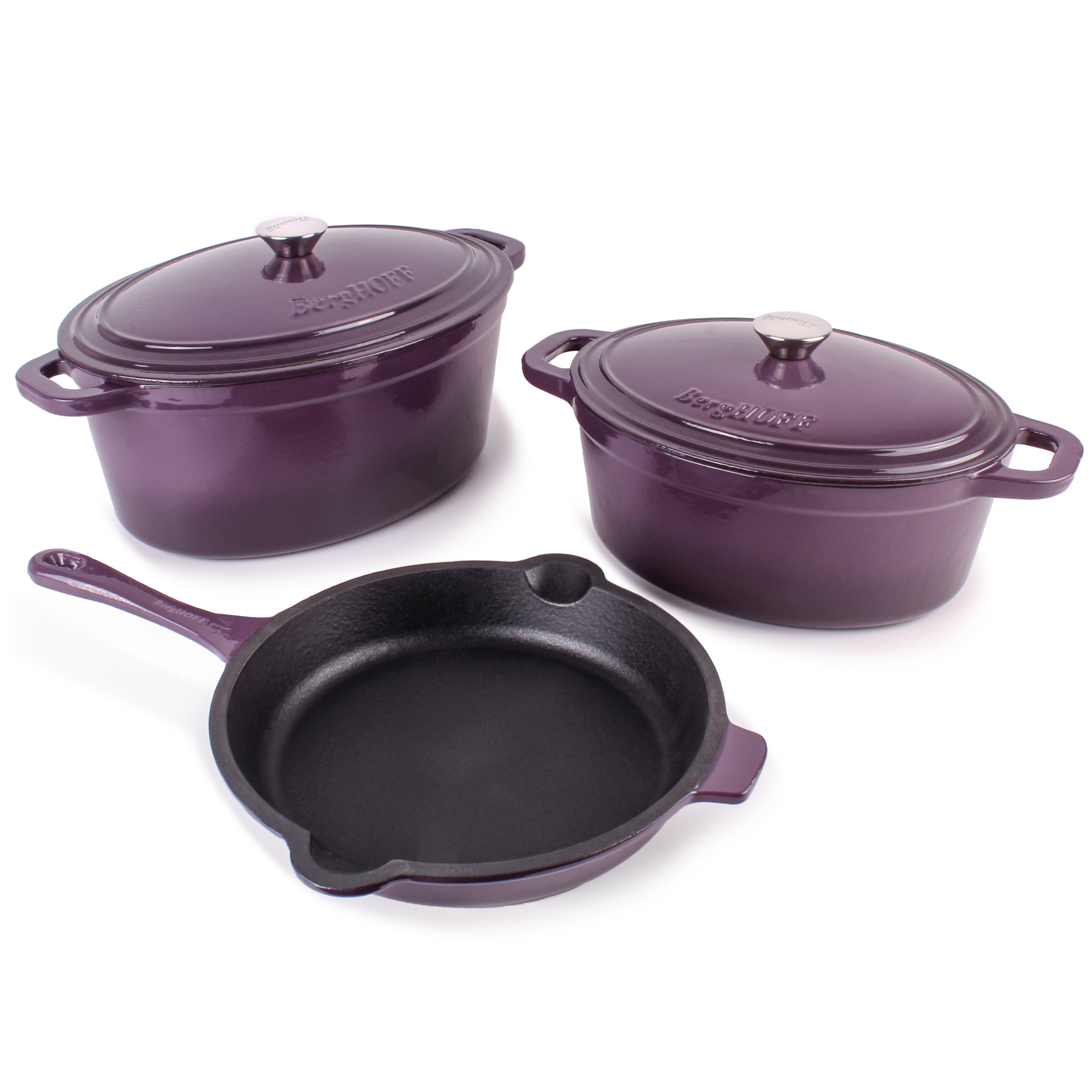 BergHOFF Neo 5-Piece Cast Iron Oval Dutch Oven Set with 10-Inch Fry Pan, 5-Quart & 8-Quart, Purple - Perfect for Braising, Roasting, and Slow Cooking in the Oven or on the Stovetop