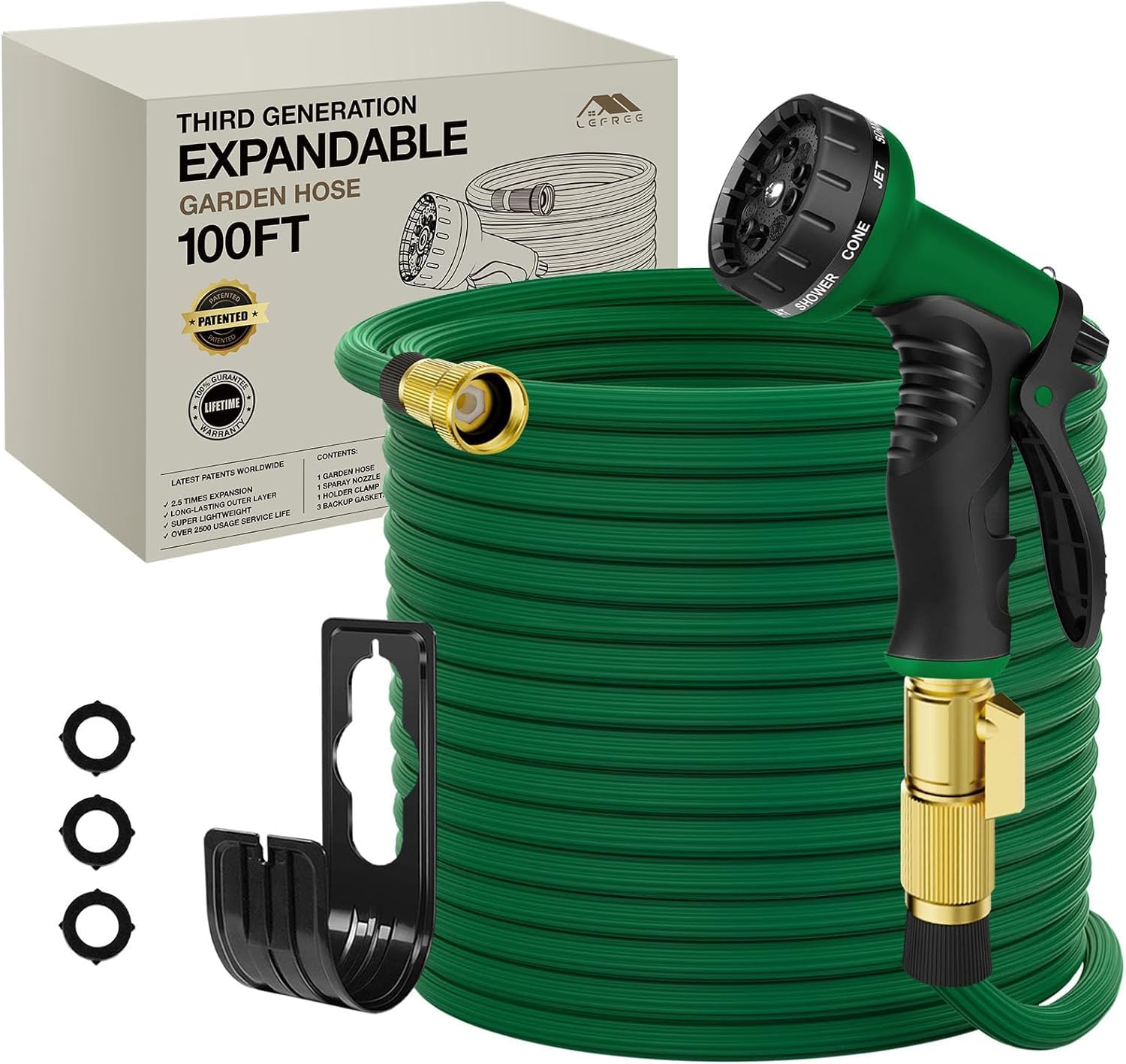 Lefree 100ft Expandable Garden Hose - 40-Layer Nano Rubber, Leak-Proof, Lightweight, No-Kink Flexible Water Hose (2024 Patented Version, Green) | Perfect for Watering Lawns, Washing Cars & Outdoor Cleaning