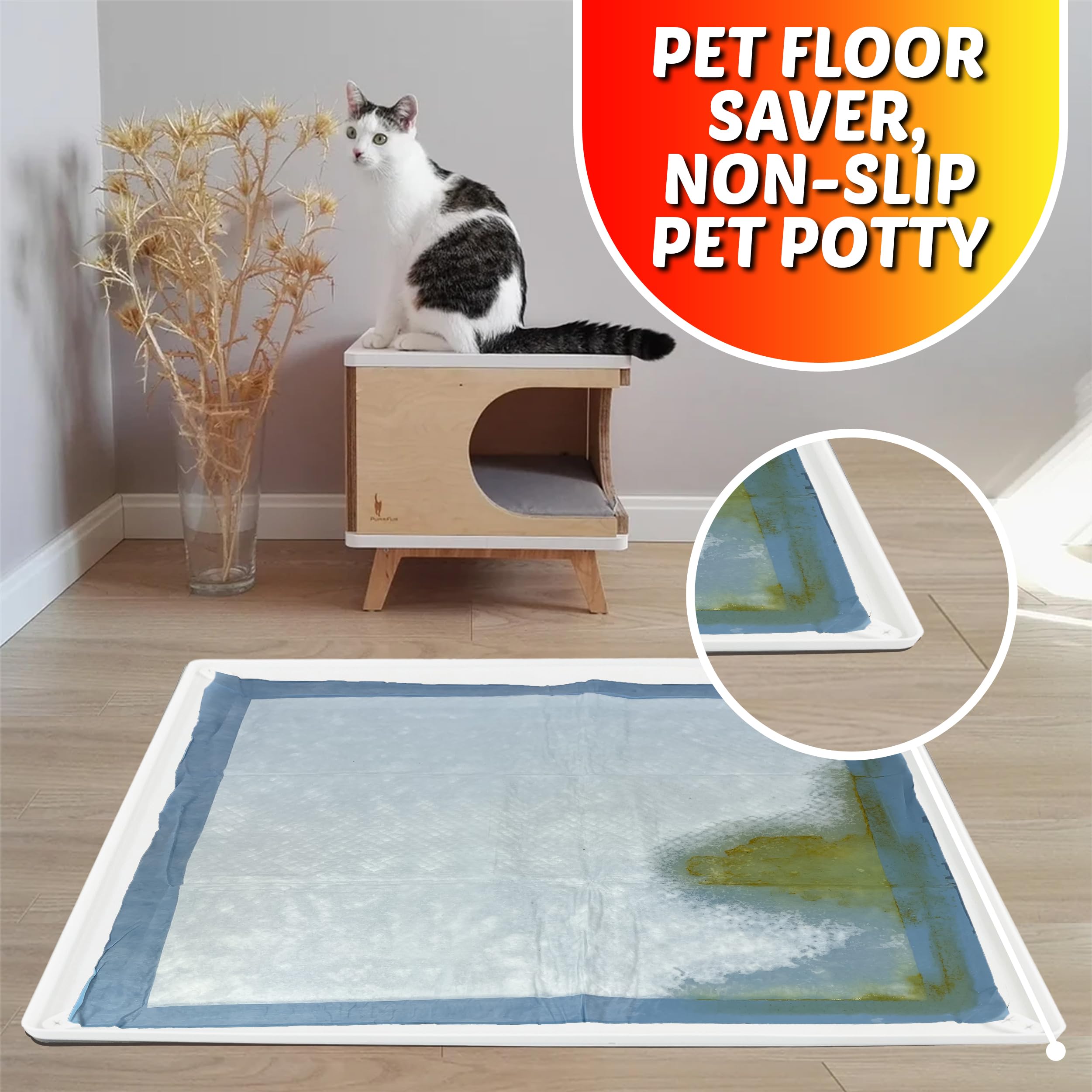 Skywin Dog Pee Pad Holder for 28 x 34 Inch Puppy Training Pads - Non-Slip Silicone Wee Wee Pad Tray with No Spill Design - Easy to Clean & Store Pet Potty Training Accessories (White) - Perfect for Puppy Housebreaking, Crate Training & Indoor Pet Bathroom Use