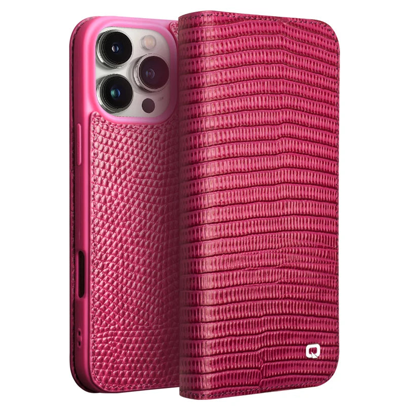QIALINO Premium Genuine Leather iPhone 16 Plus Case - Luxury Crocodile Grain Texture - Slim Protective Cover for Everyday Use & Business Meetings