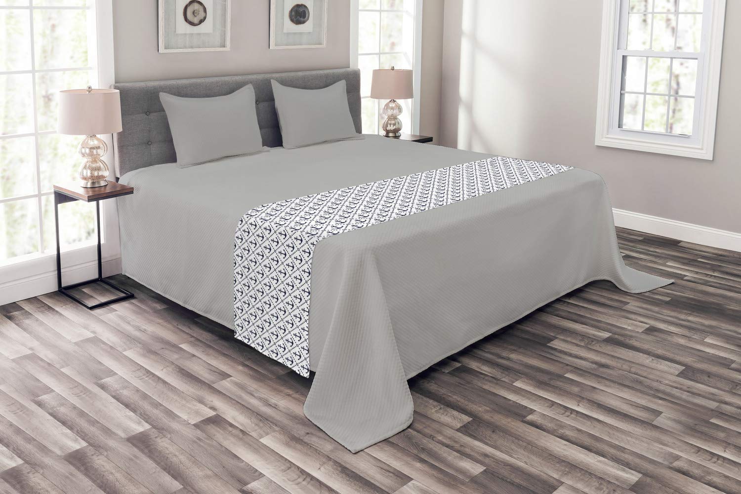 Ambesonne Geometric Bed Runner - Nautical Chevron Zigzag Pattern with Dotted Frames & Anchors | Dark Blue & White Decorative Bed Scarf for Hotels, Homes & Guest Rooms | Perfect for Coastal, Beach House or Nautical Theme Bedrooms