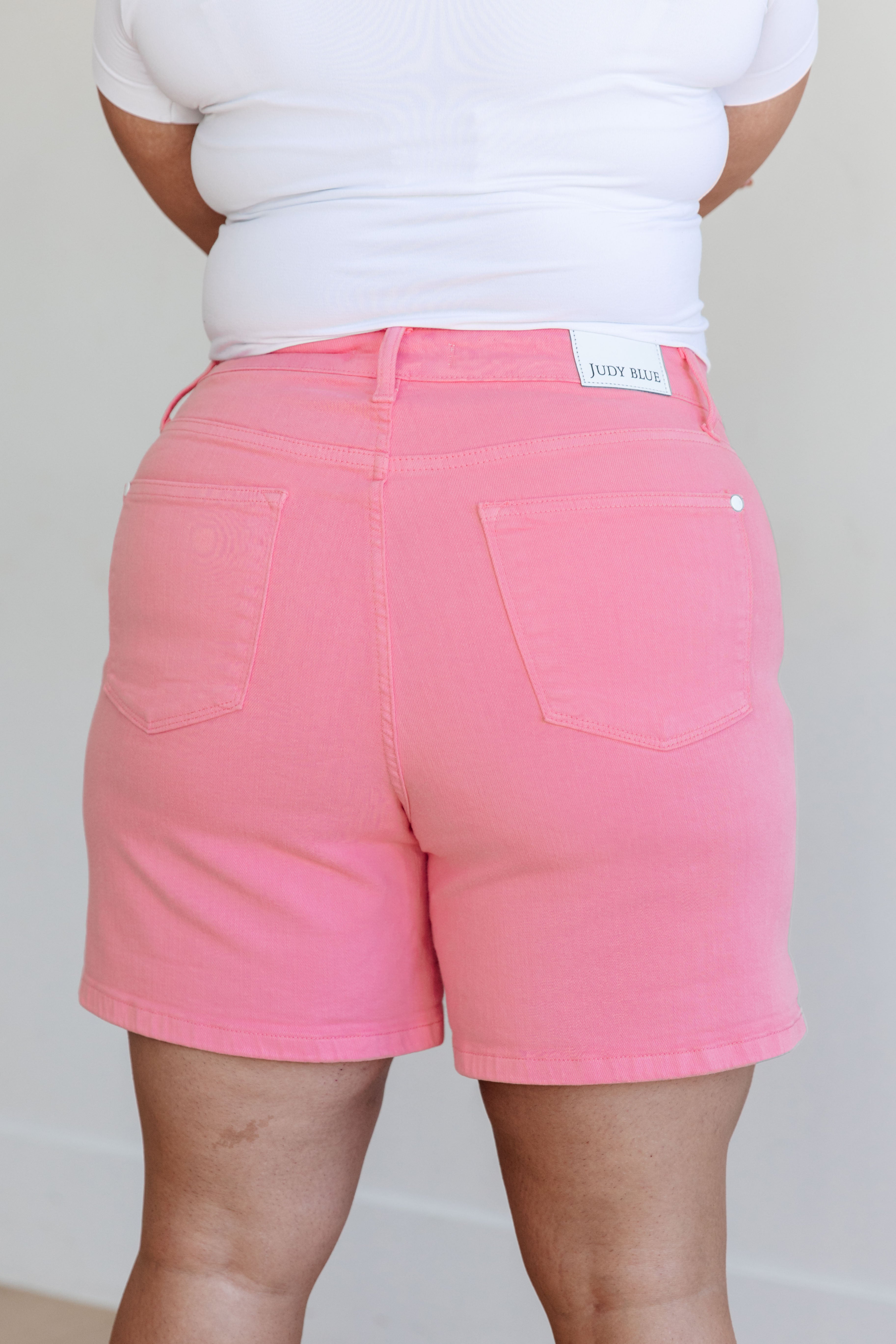 Judy Blue Pink Jenna High Rise Control Top Cuffed Shorts for Women - Comfortable Stretch Denim Shorts with Tummy Control - Perfect for Summer, Casual Outfits & Beach Vacations