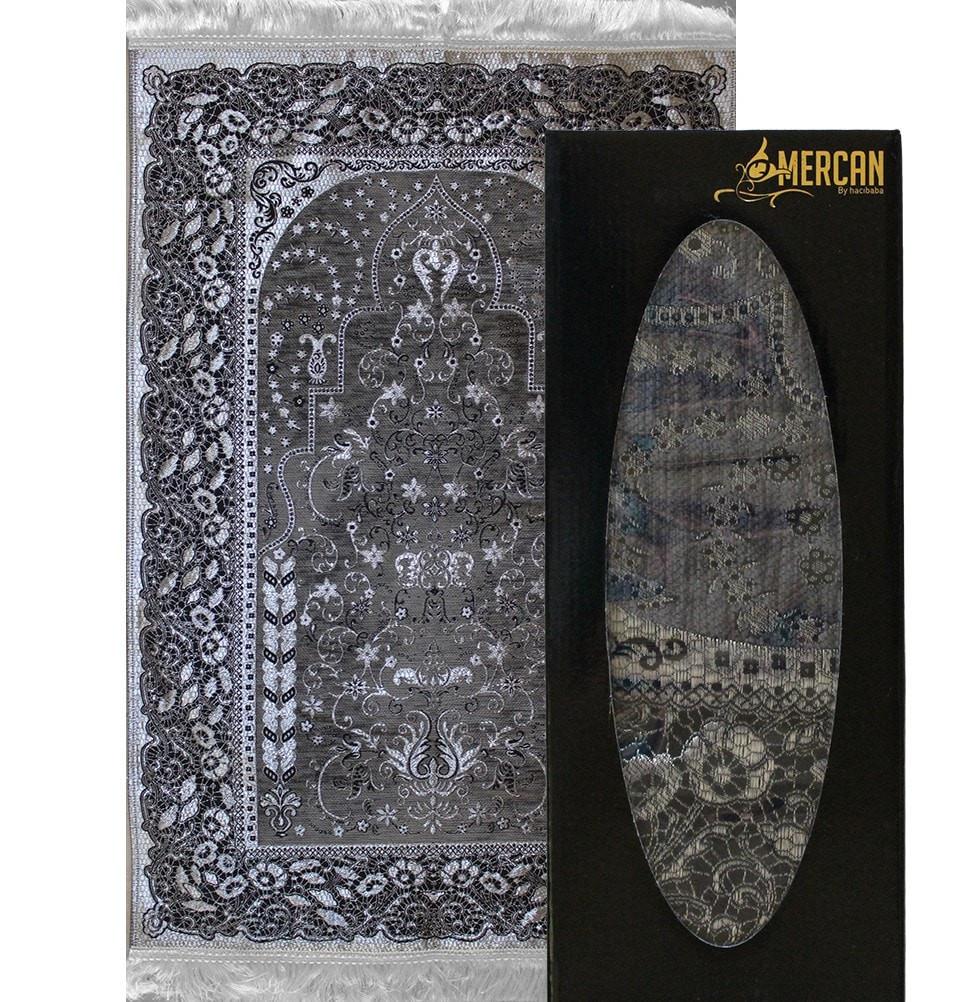Premium Chenille Islamic Prayer Mat with Elegant Metallic Ottoman Design - Dark Grey Gift Box - Perfect for Home, Mosque, and Travel Use