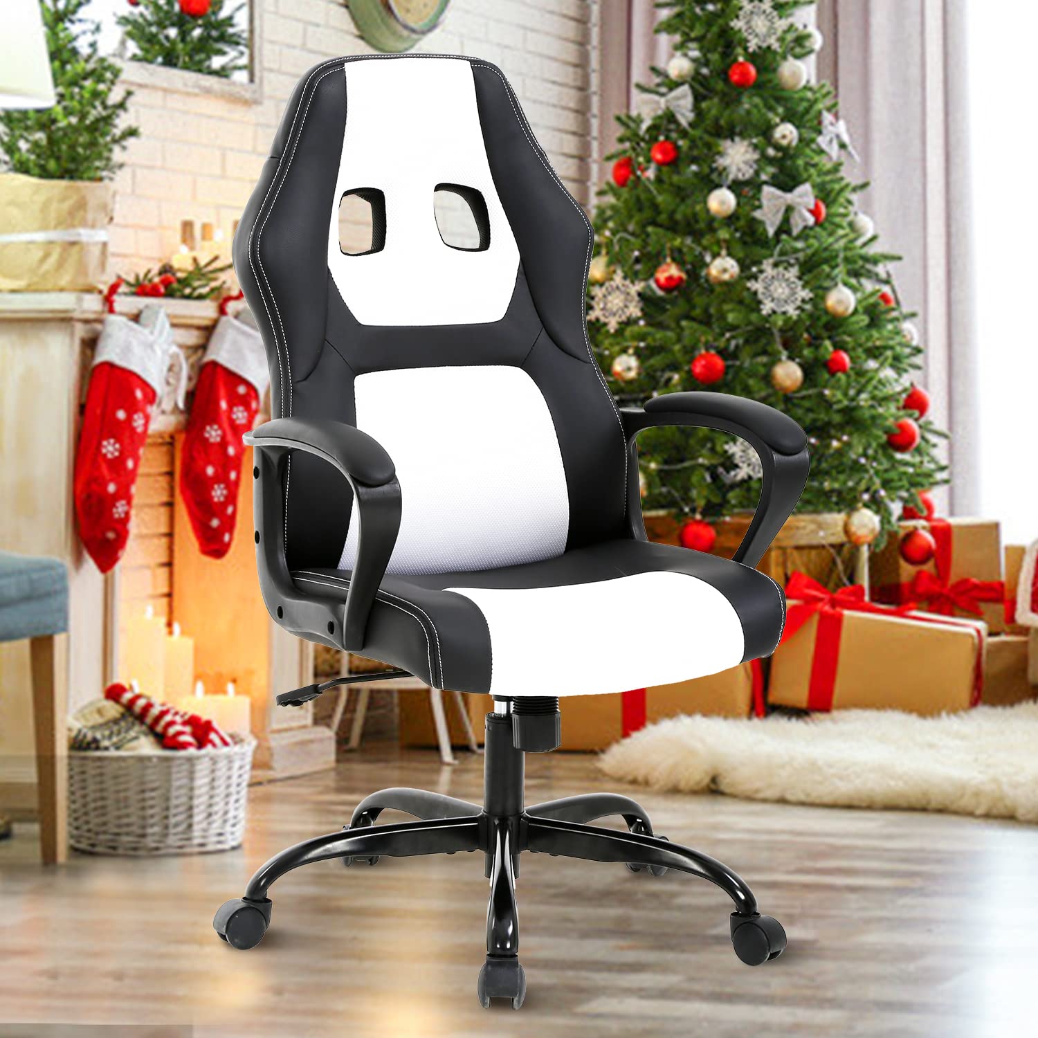 Ergonomic Office Chair - High Back Executive Desk Chair with Lumbar Support, Comfortable Mesh & Leather Gaming Chair for PC, Home & Office Use - Swivel Task Chair for Adults (White) - Perfect for Workstations, Home Offices & Gaming Setups