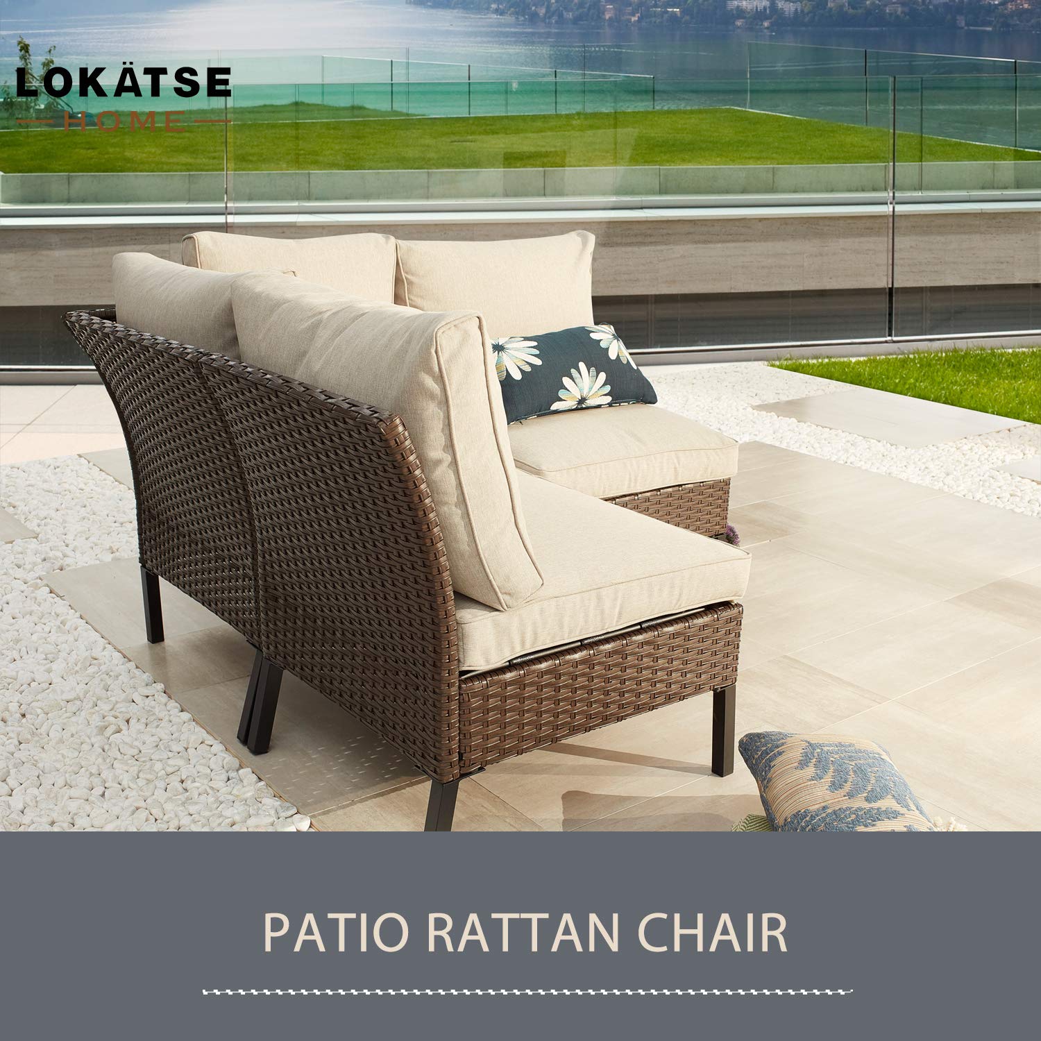 LOKATSE HOME 3-Piece Outdoor Rattan Conversation Set - Wicker Metal Patio Furniture with 1 Corner Sofa & 2 Armless Chairs, Beige - Perfect for Garden, Backyard, and Poolside Relaxation