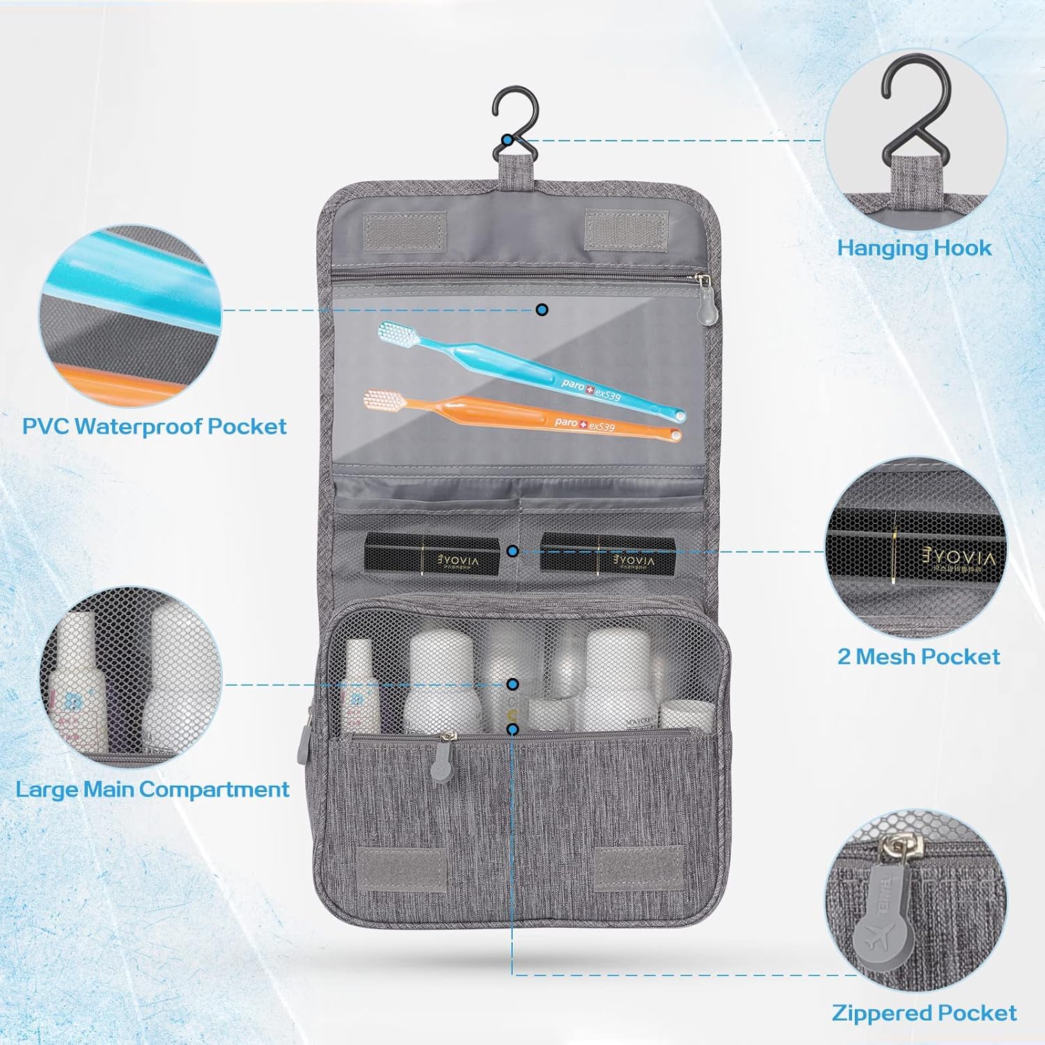 Anayo Hanging Travel Toiletry Bag - Waterproof Cosmetic & Makeup Organizer Pouch for Men & Women | Portable Shaving Kit, Brush Holder & Medicine Organizer | Perfect for Camping, Gym & Business Trips (Grey)