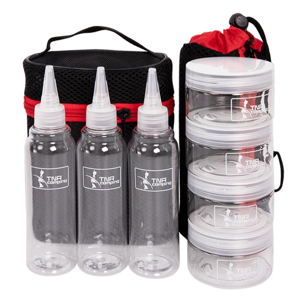 FAKEME PET Plastic Camping Spice Jars Set of 7 - Leak Proof Sauce & Seasoning Storage Containers for Kitchen, Picnic, Hiking & Outdoor Cooking | BPA Free Food Grade Containers with Lids