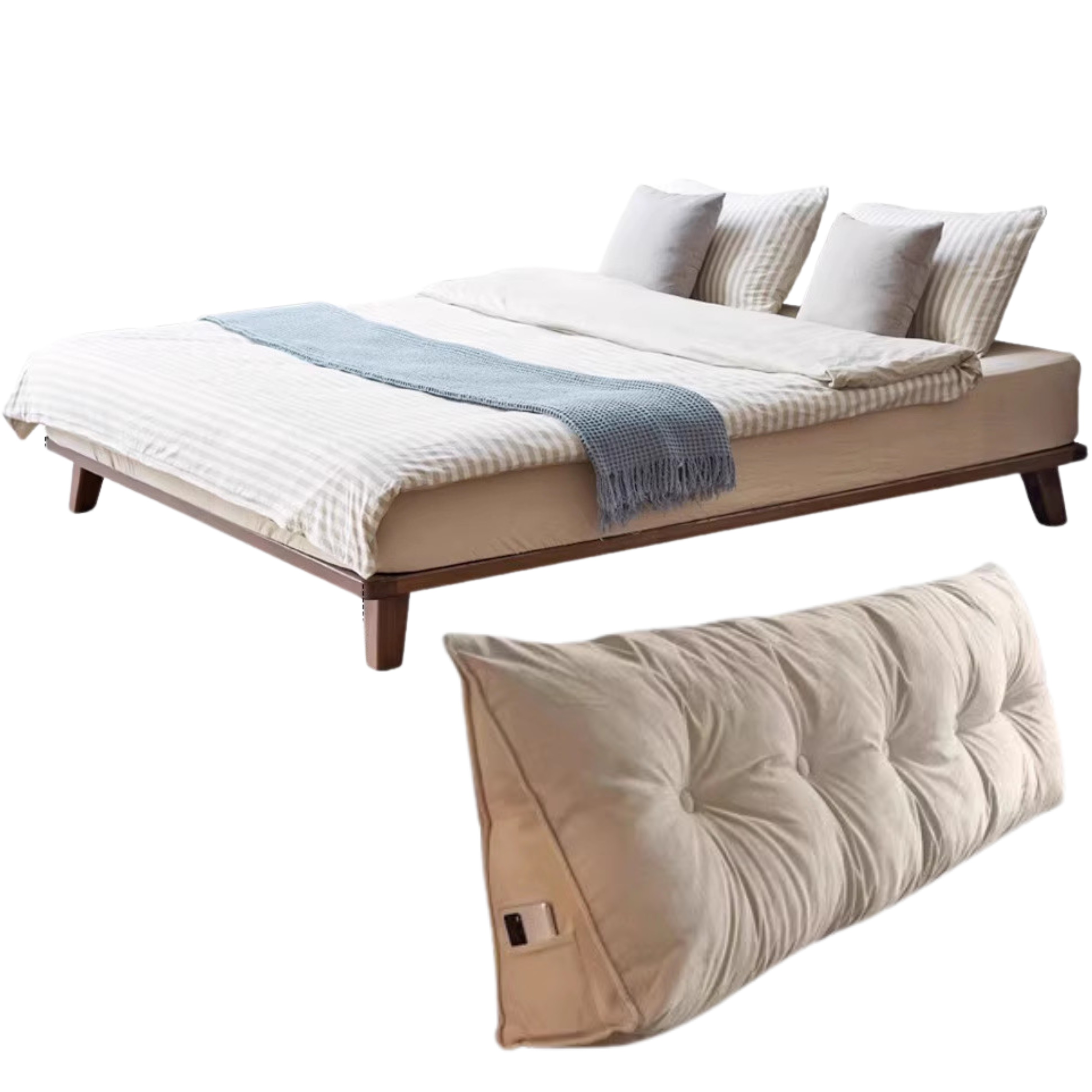Walnut color Low Bunk Solid Wood Bed + Soft Bedside Backrest