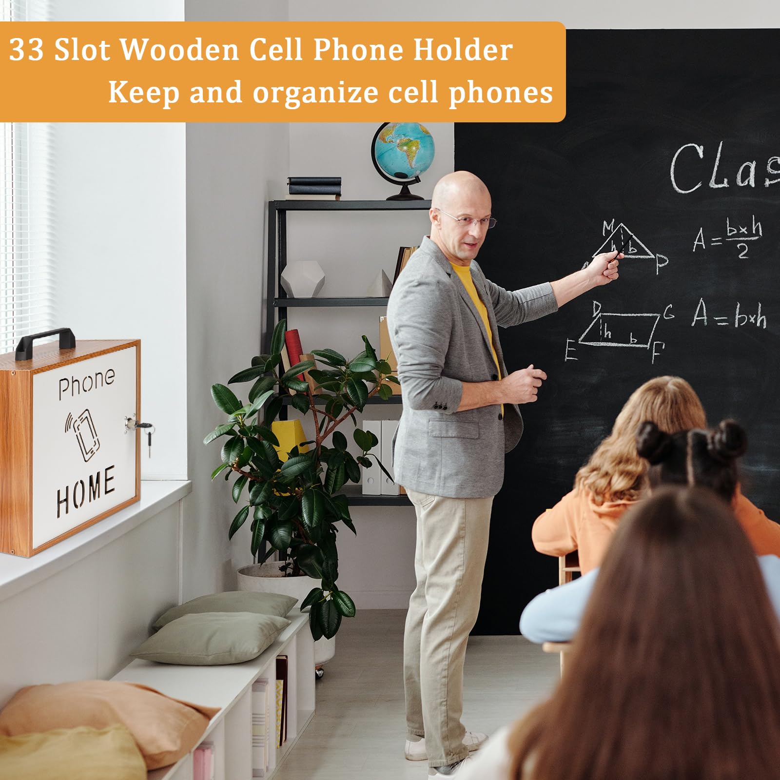 Wooden Cell Phone Storage Cabinet with Lock - 33 Slots for Classroom & Office Organization