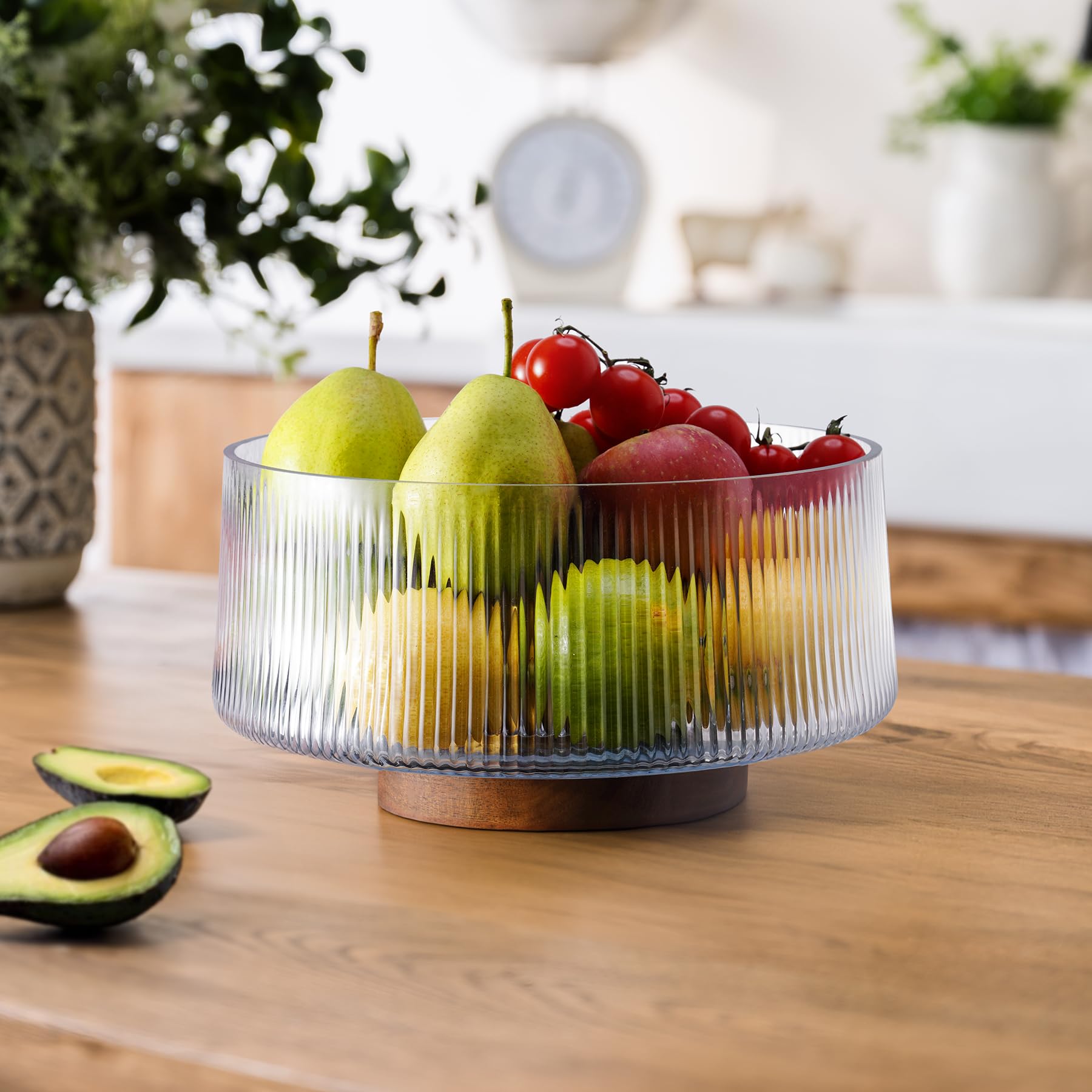 NiHome Large Glass Salad Bowl with Wood Base - Perfect for Family Dinners & Parties