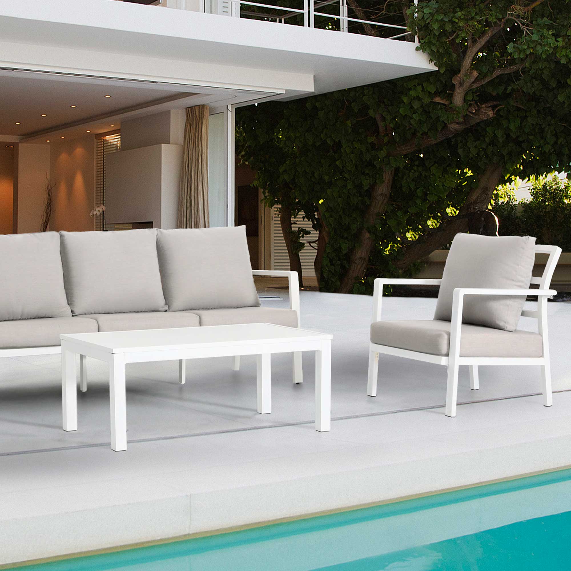 Kyoto 4-Piece Aluminum Outdoor Patio Furniture Set with Coffee Table - Weather-Resistant White Sofa for Garden, Poolside & Backyard Relaxation