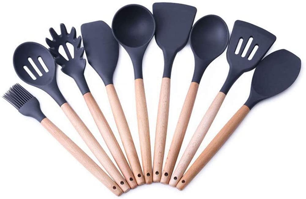 9-Piece Silicone & Wooden Kitchen Utensil Set - Non-Stick Cooking Tools with Spatula, Spoon & More - Perfect for Baking, Frying & Everyday Meal Prep