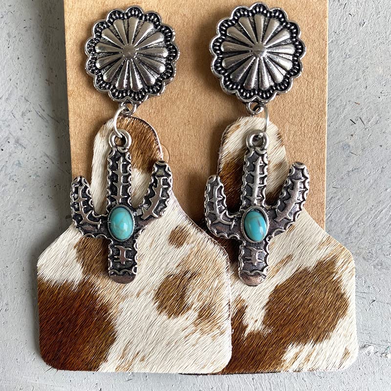 Western Cowgirl Cowboy Earrings Set - Boho Vintage Handmade Turquoise & Leather Dangle Earrings for Women | Cow Print Wood Teardrop Earrings | Perfect for Country Concerts, Rodeos & Boho Fashion