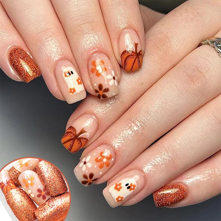 48Pcs Halloween Press on Nails Short Square Glitter Fake Nails - Cute Pumpkin Ghost Flower Acrylic Full Cover Stick on Nails - Reusable with Glue - Perfect for Women's Halloween Nail Art, Parties, Costume Events & Fall Festivals