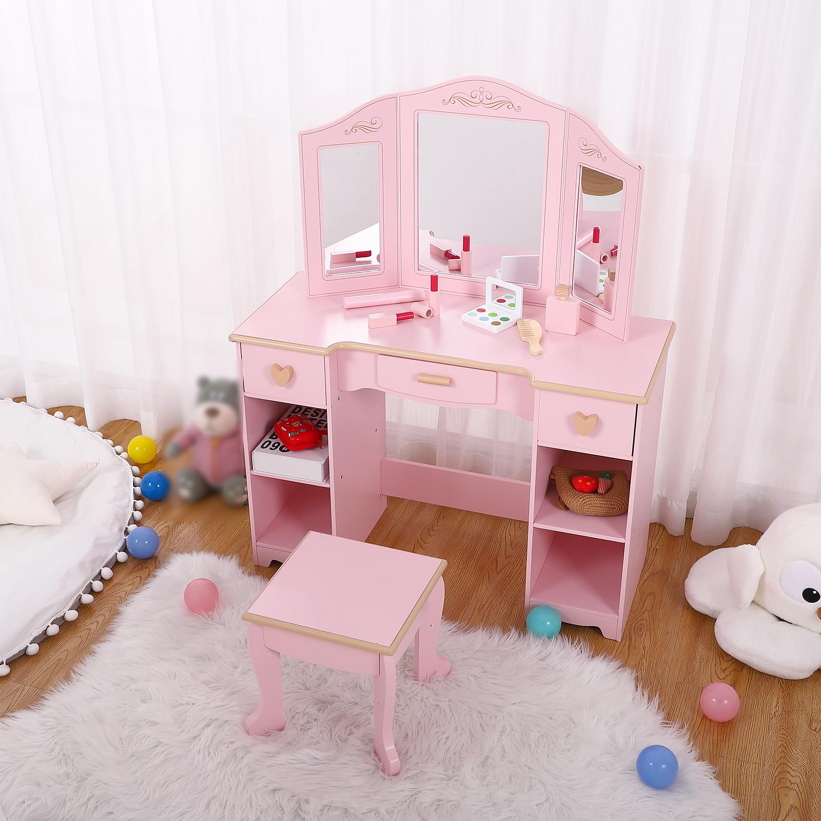 Princess Vanity Set with Mirror & Stool for Girls 4-9 - Pretend Play Makeup Table
