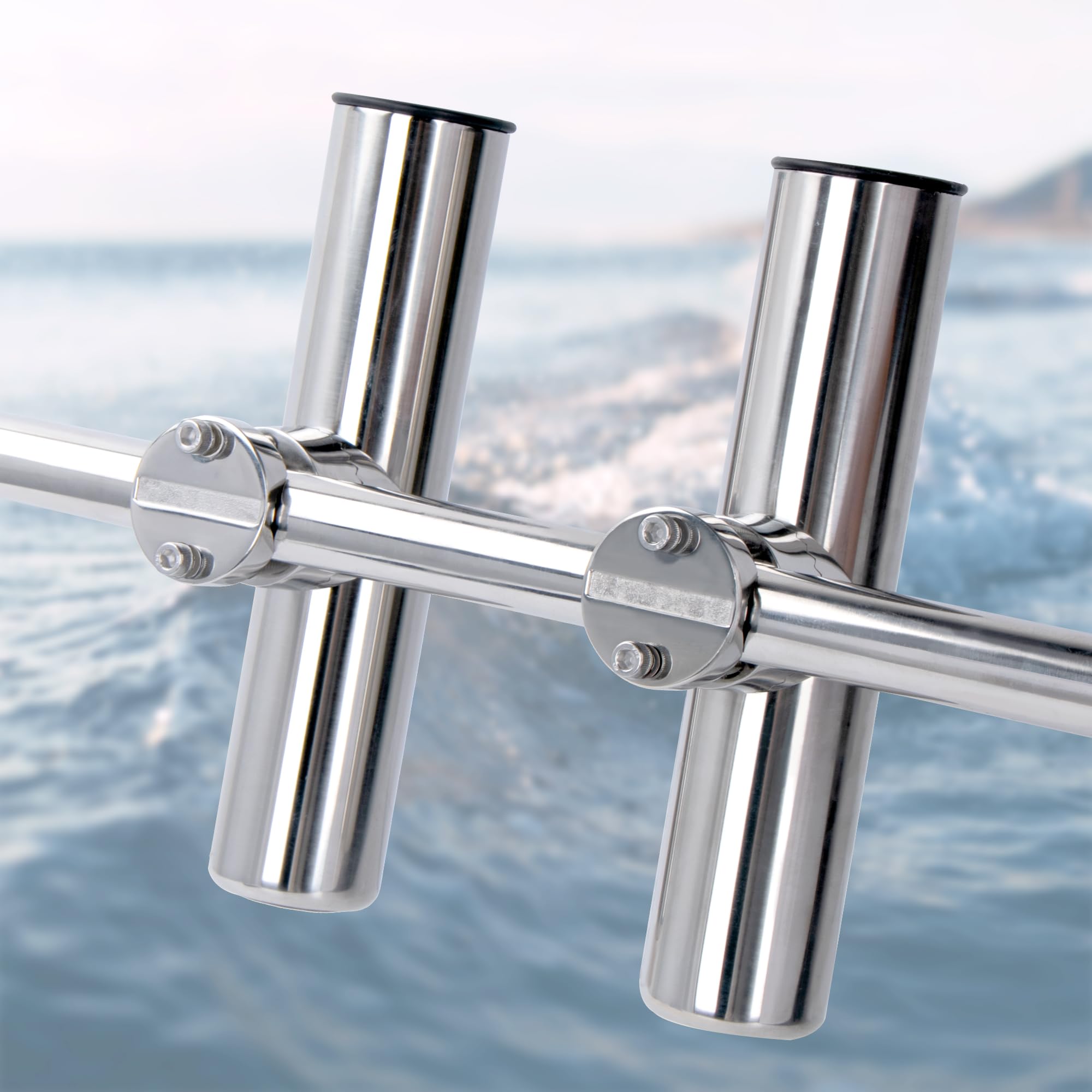 2 Pack Stainless Steel Fishing Rod Holders for Boat Rail Mount - Heavy Duty Clamp-On Marine Rod Holder for Fishing Boat, Pontoon, Jon Boat - Perfect for Saltwater & Freshwater Fishing Trips
