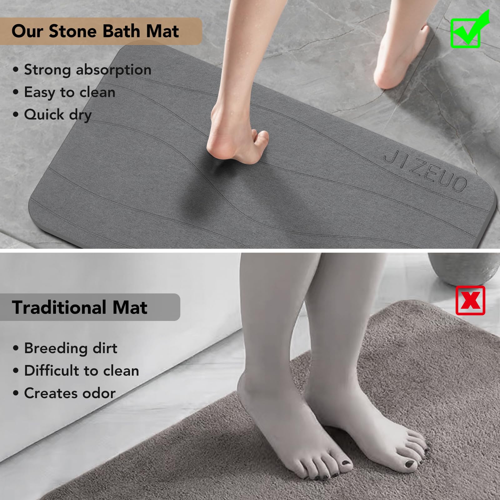 Premium Diatomaceous Earth Bath Mat - Non-Slip Super Absorbent Quick Drying Stone Shower Mat for Bathroom Floor (2 Pack, Grey) - Perfect for Wet Rooms, Spa Showers & Modern Bathroom Decor