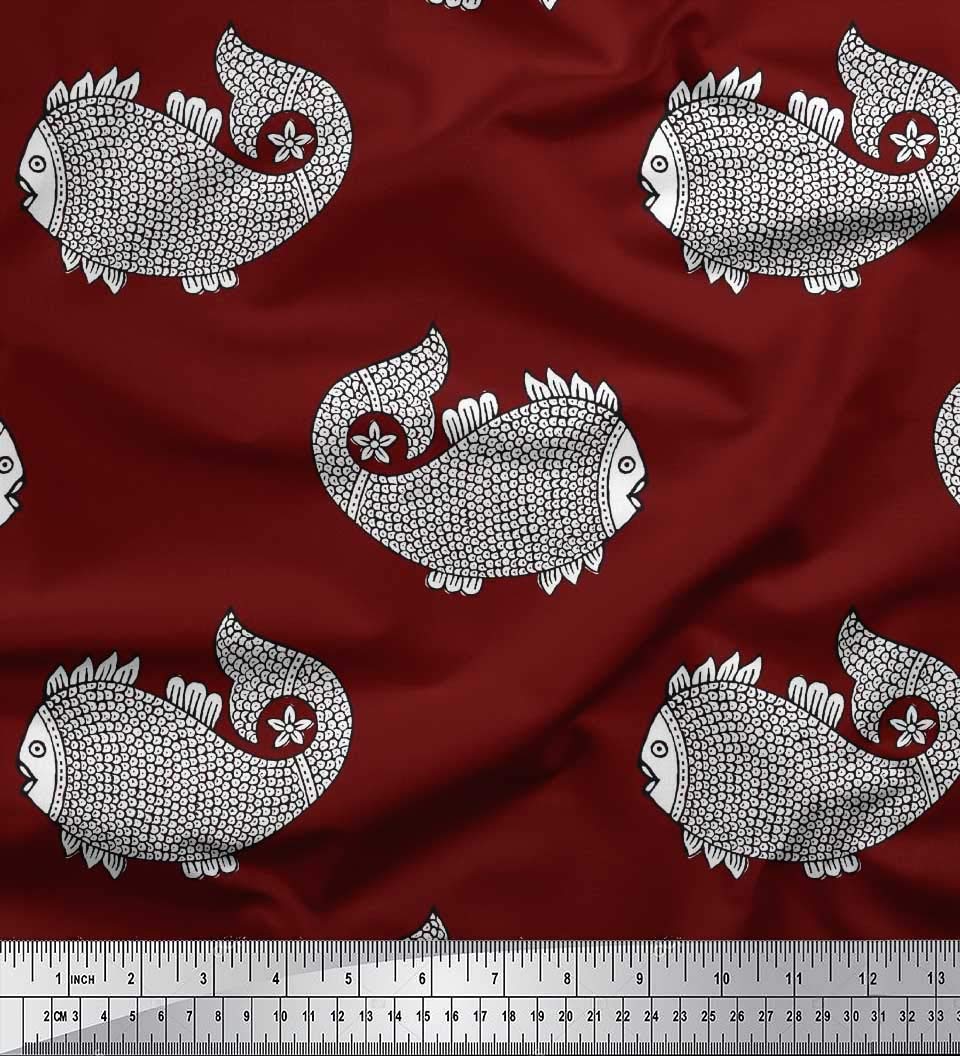 Soimoi Polyester Crepe Fabric - Fish Block Print Sewing Material - 52 Inch Wide Fabric by The Yard - Perfect for Dresses, Scarves & Home Decor Projects
