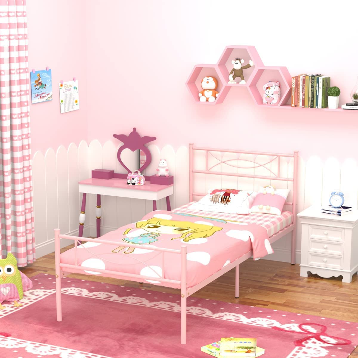 Pink Twin Size Metal Bed Frame for Girls with Headboard & Footboard - Sturdy Mattress Foundation, No Box Spring Needed - Perfect for Kids' Bedrooms, Guest Rooms & Dormitories