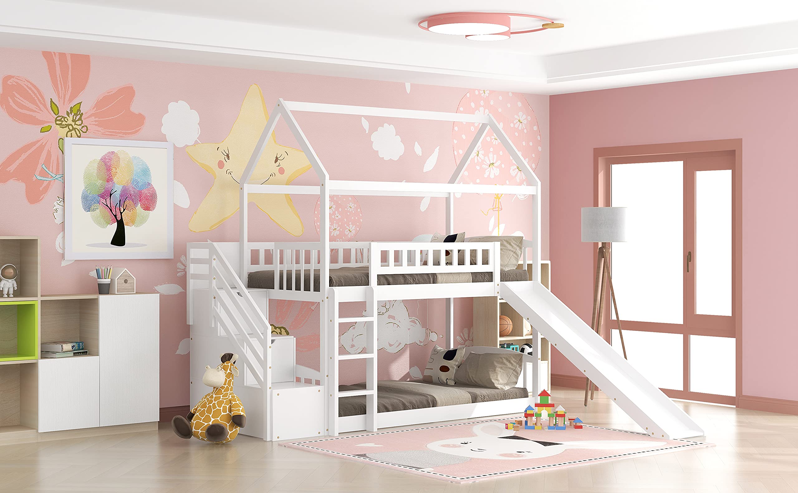 Twin Over Twin Wooden House Bunk Bed with Slide, 2 Drawers, Roof & Guardrails - Kids/Teens House-Shaped Bed, No Box Spring Needed (White) - Perfect for Small Bedrooms, Shared Kids Rooms & Vacation Homes