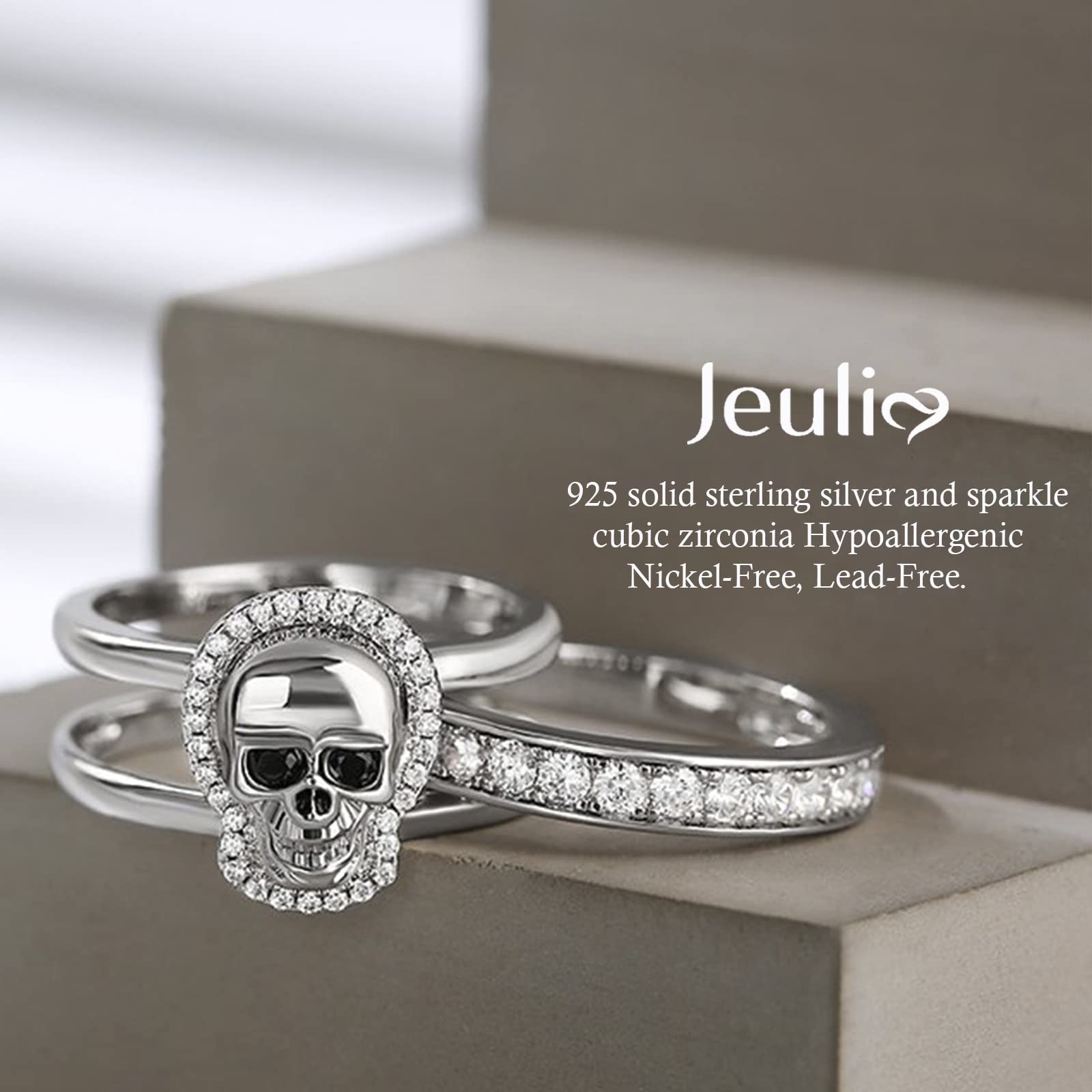 Jeulia Sterling Silver Skull Engagement Ring Set with Cubic Zirconia - Interchangeable Promise & Eternity Bands - Wedding, Anniversary, Bridal Jewelry Gift for Her - Perfect for Gothic Weddings, Alternative Proposals & Unique Couples' Gifts