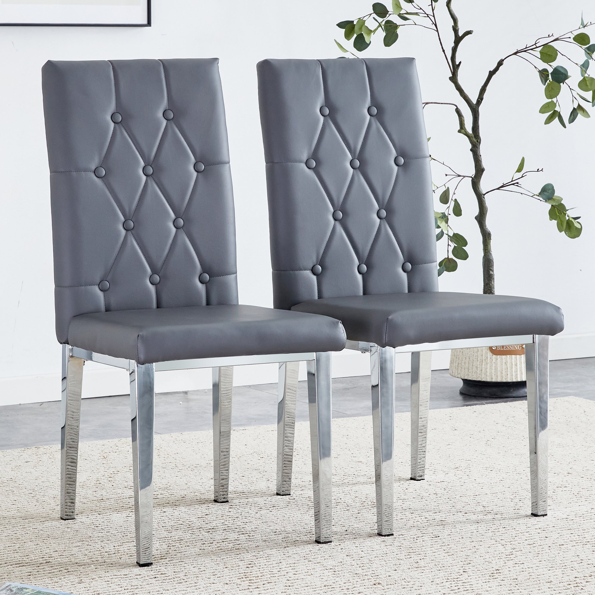 2-Piece Gray Armless Dining Chairs Set - Elegant Grid & Buckle Design, Vintage Modern Style for Dining Room, Kitchen, or Breakfast Nook - Perfect for Small Spaces & Contemporary Home Decor