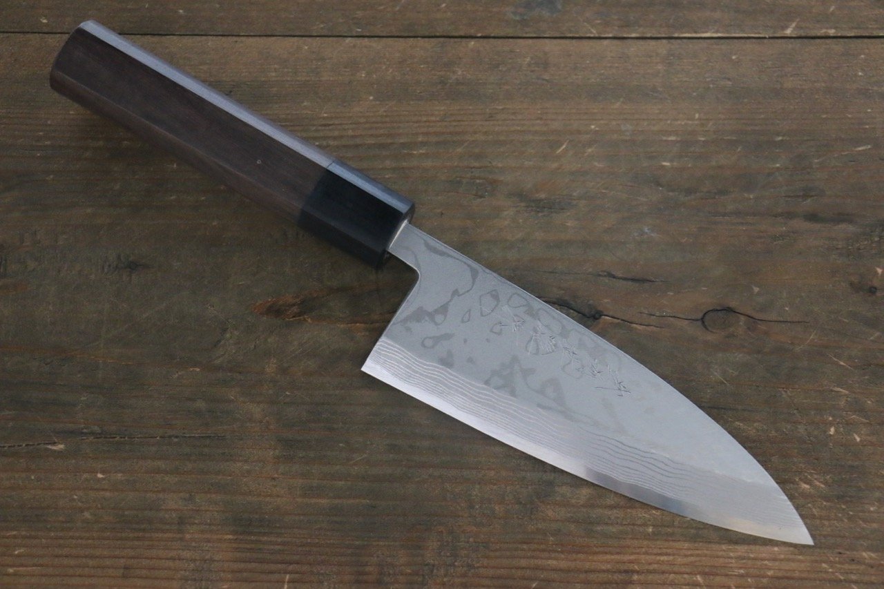 Premium Hideo Kitaoka White Steel No.2 Damascus Deba Knife 150mm - Authentic Japanese Chef Knife with Shitan Handle - Perfect for Sushi, Fish Filleting & Professional Kitchen Use