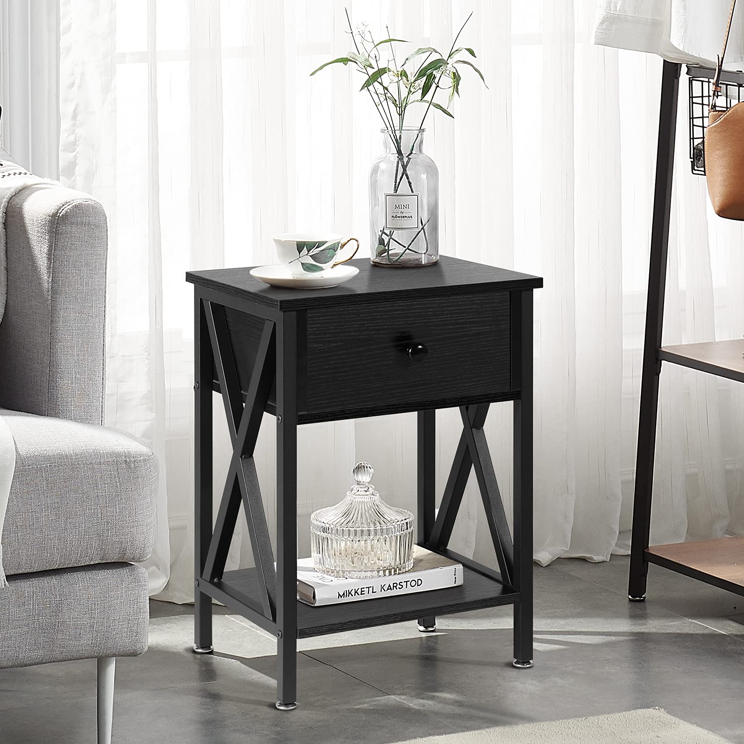 VECELO Nightstands Set of 2 - Modern Bedside Tables with Drawer & Storage Shelf, Industrial Metal Frame Night Stands for Bedroom & Living Room - Dark Black - Perfect for Small Spaces & Apartment Decor