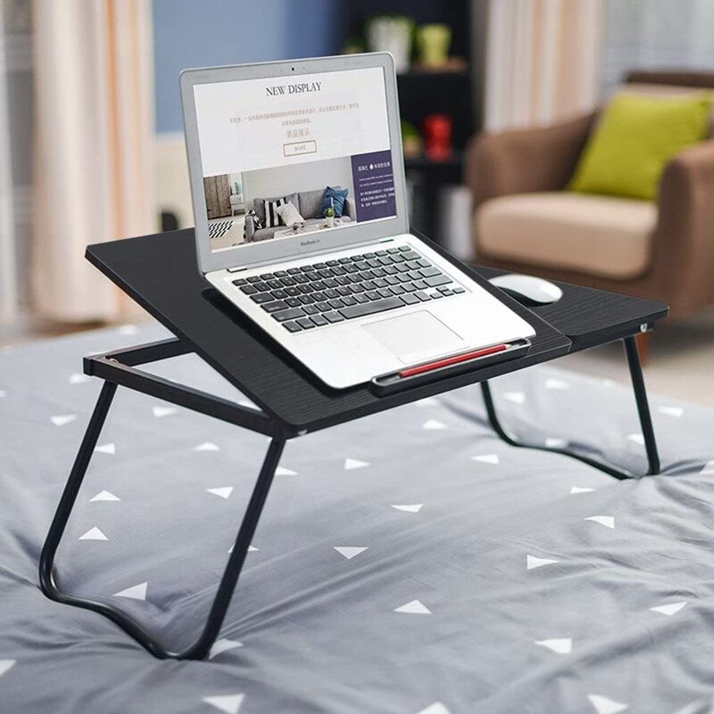 Portable Folding Laptop Desk - Adjustable Black MDF Wood Finish, Modern Contemporary Design for Bed, Sofa, or Office Use