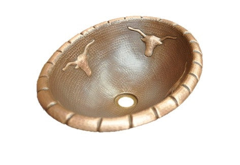Handmade Oval Copper Sink with Longhorn Bull Design - Rustic Farmhouse Kitchen Decor for Bathroom & Bar Sink