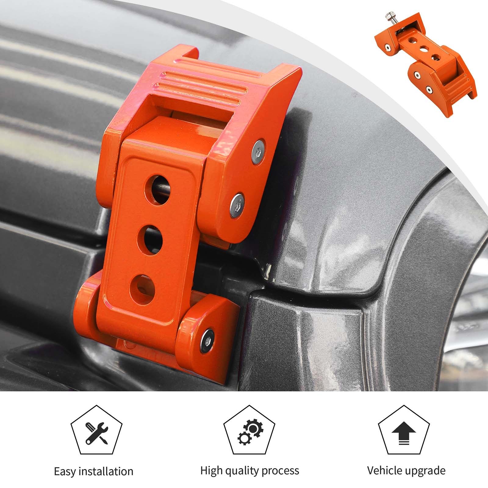 Premium Aluminum Stainless Steel Hood Latches with Lock Kit for Jeep Wrangler JK/JKU (2007-2017), JL/JLU (2018-2024), Gladiator JT (2020-2024) - Durable Off-Road Hood Clamp Fastener in Orange - Perfect for Trail Riding & Jeep Customization