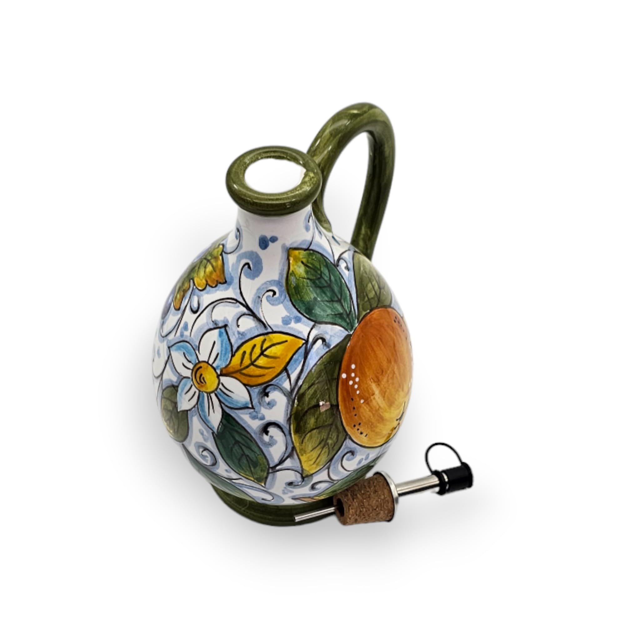 Italian Ceramic Olive Oil Dispenser Bottle XL Size 14oz - Hand Painted Tuscan Fruit Design Oil Cruet - Authentic Italian Pottery from Tuscany - Perfect for Kitchen, Dining Table & Gourmet Cooking Gifts