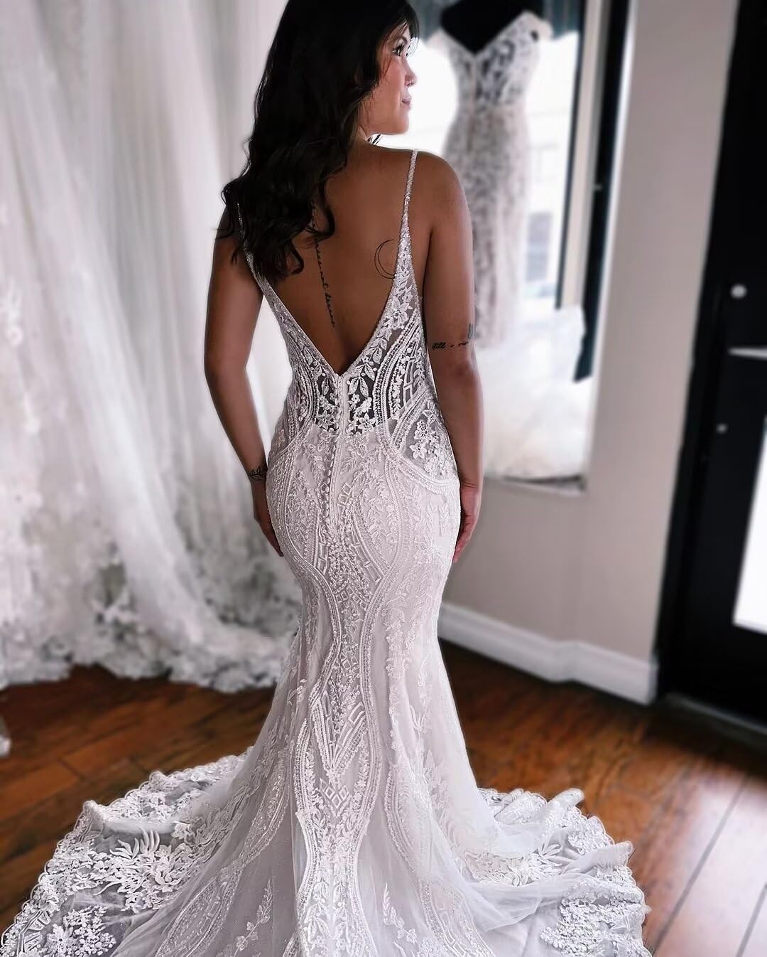 2024 Boho Beach Wedding Dresses for Women - V Neck Lace Applique Spaghetti Strap Bridal Gowns | Perfect for Beach, Garden & Destination Weddings (PU083)