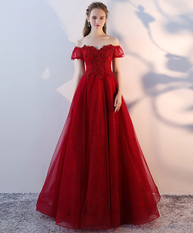 Elegant Burgundy Tulle Lace Long Prom Dress & Evening Gown for Formal Events, Homecoming, Weddings & Special Occasions