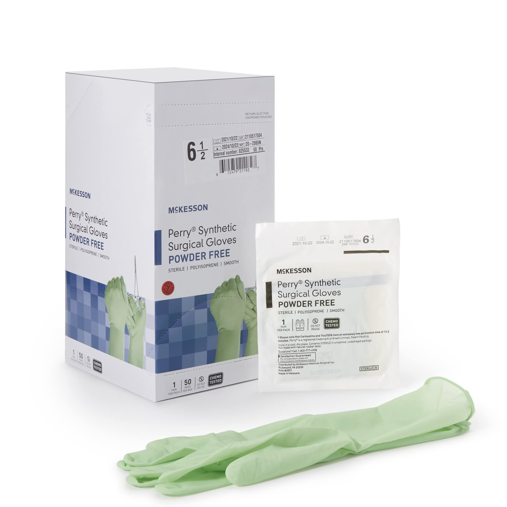 McKesson Perry Synthetic Surgical Gloves [50 Pairs] - Sterile Polyisoprene Disposable Powder-Free Medical Exam Gloves | Chemo Tested, Size 6.5, Green | Ideal for Healthcare Professionals, Dental Clinics & Laboratory Use