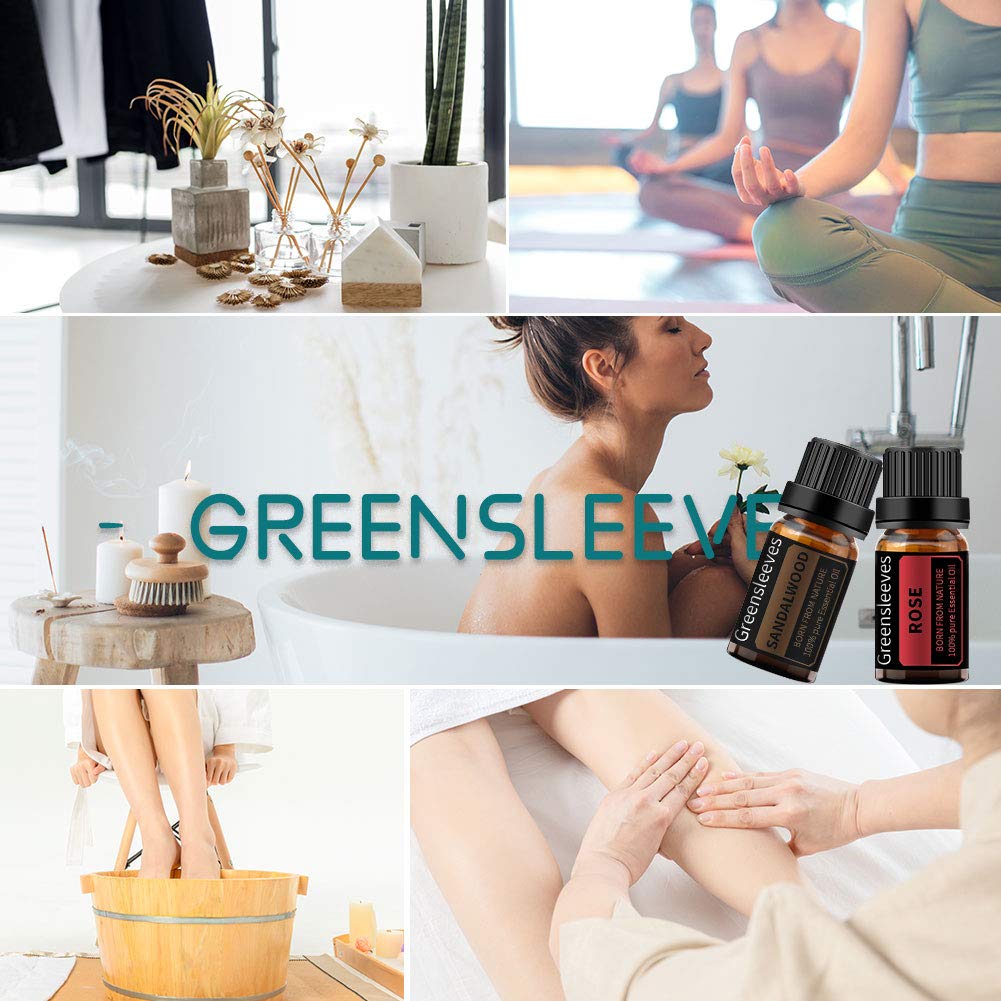 GREENSLEEVES 100% Pure Rose & Sandalwood Essential Oil Set - 2 x 10ml Aromatherapy Oils for Diffusers, Humidifiers, Massage | Relaxation, Stress Relief & Home Fragrance