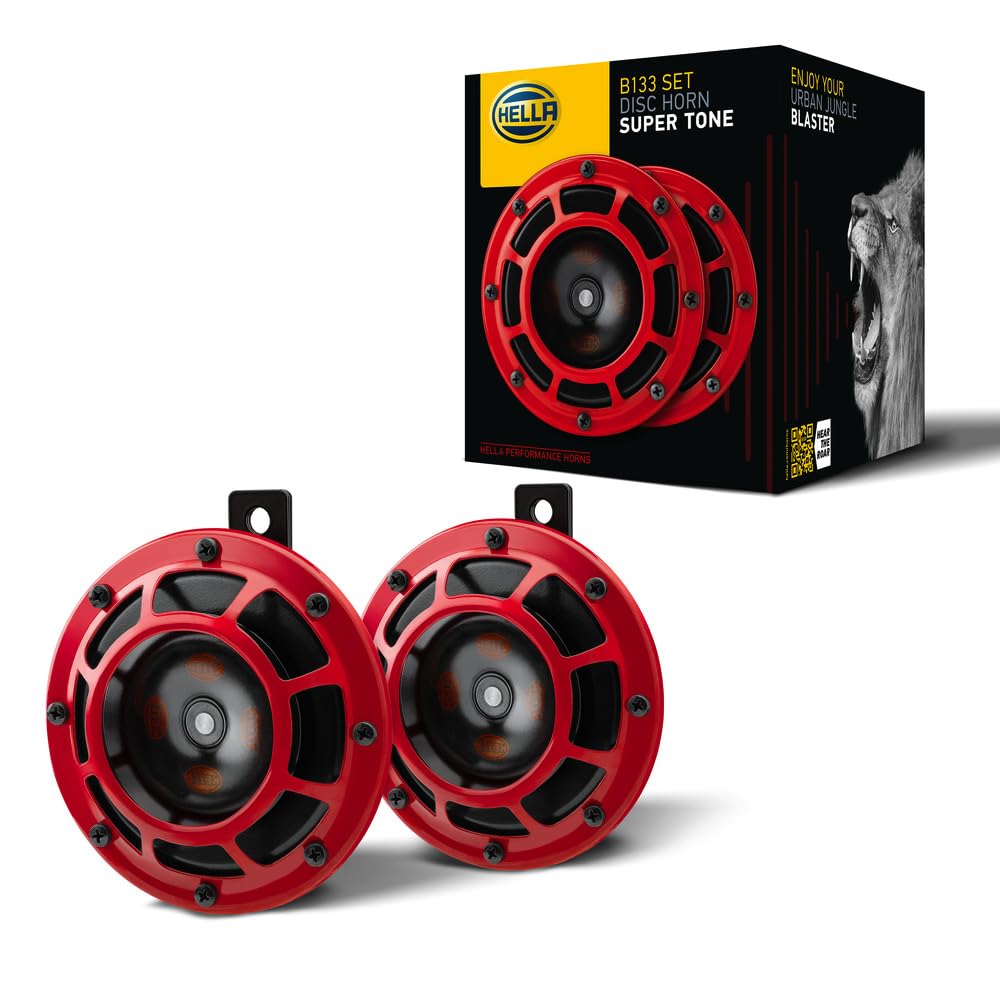 HELLA 003399801 Supertone 12V High/Low Tone Twin Horn Kit with Red Protective Grill - Loud Dual Horn Set for Cars, Trucks & Motorcycles - Perfect for Off-Roading, Emergency Vehicles & Custom Upgrades
