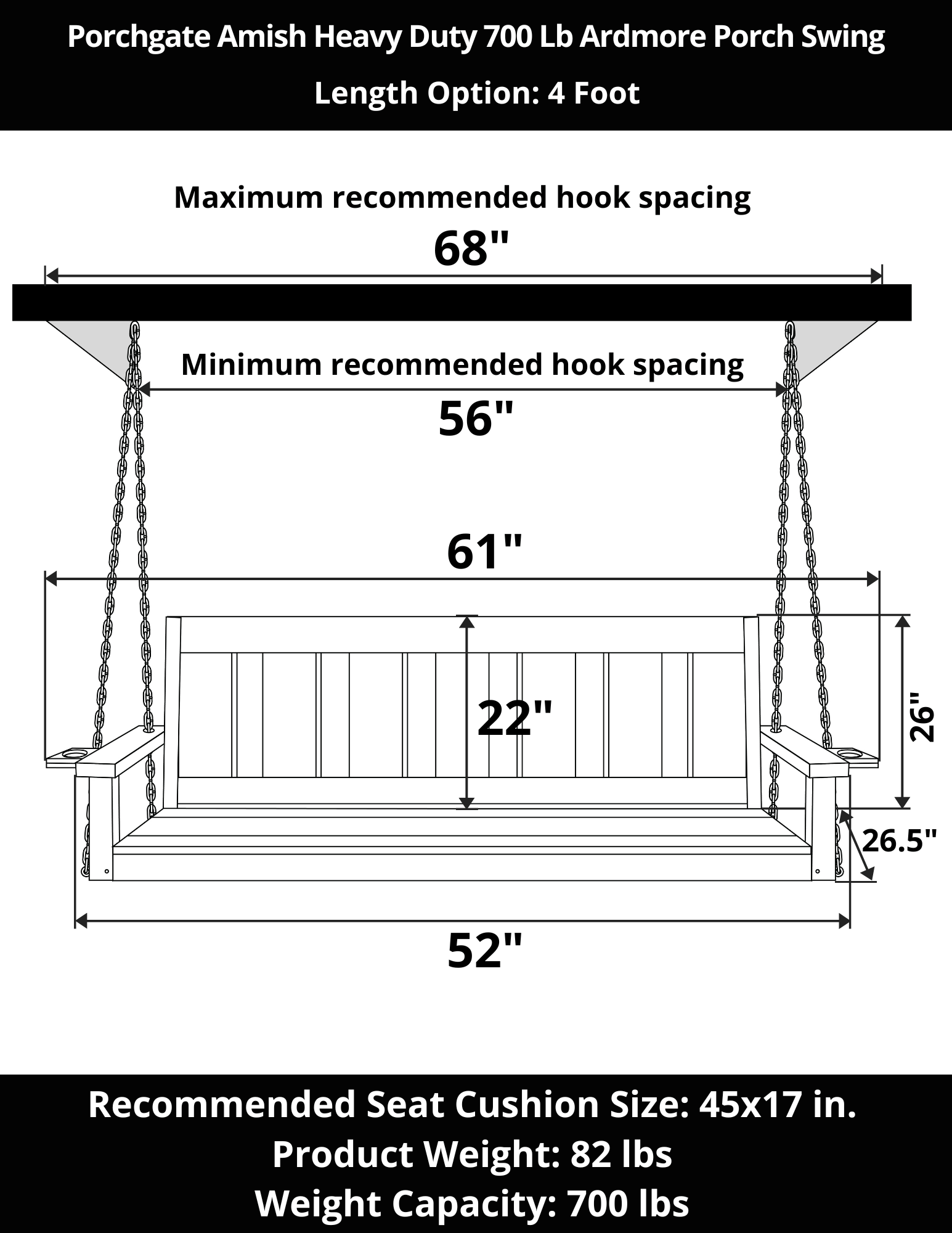 Heavy Duty Amish Porch Swing - 700 lb Weight Capacity, 4 Foot Ardmore Design, Oak Stain Finish - Perfect for Outdoor Relaxation in Gardens, Patios, and Decks