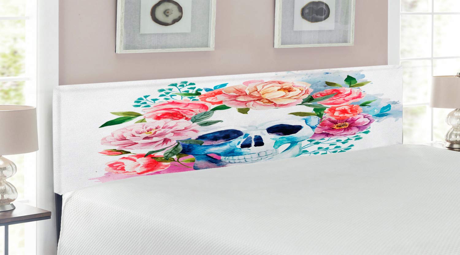 Ambesonne Skull Headboard - Victorian Style Floral Skeleton Print Upholstered Metal Bed Frame with Memory Foam | King Size Multicolor Gothic Decor for Bedroom & Halloween Theme