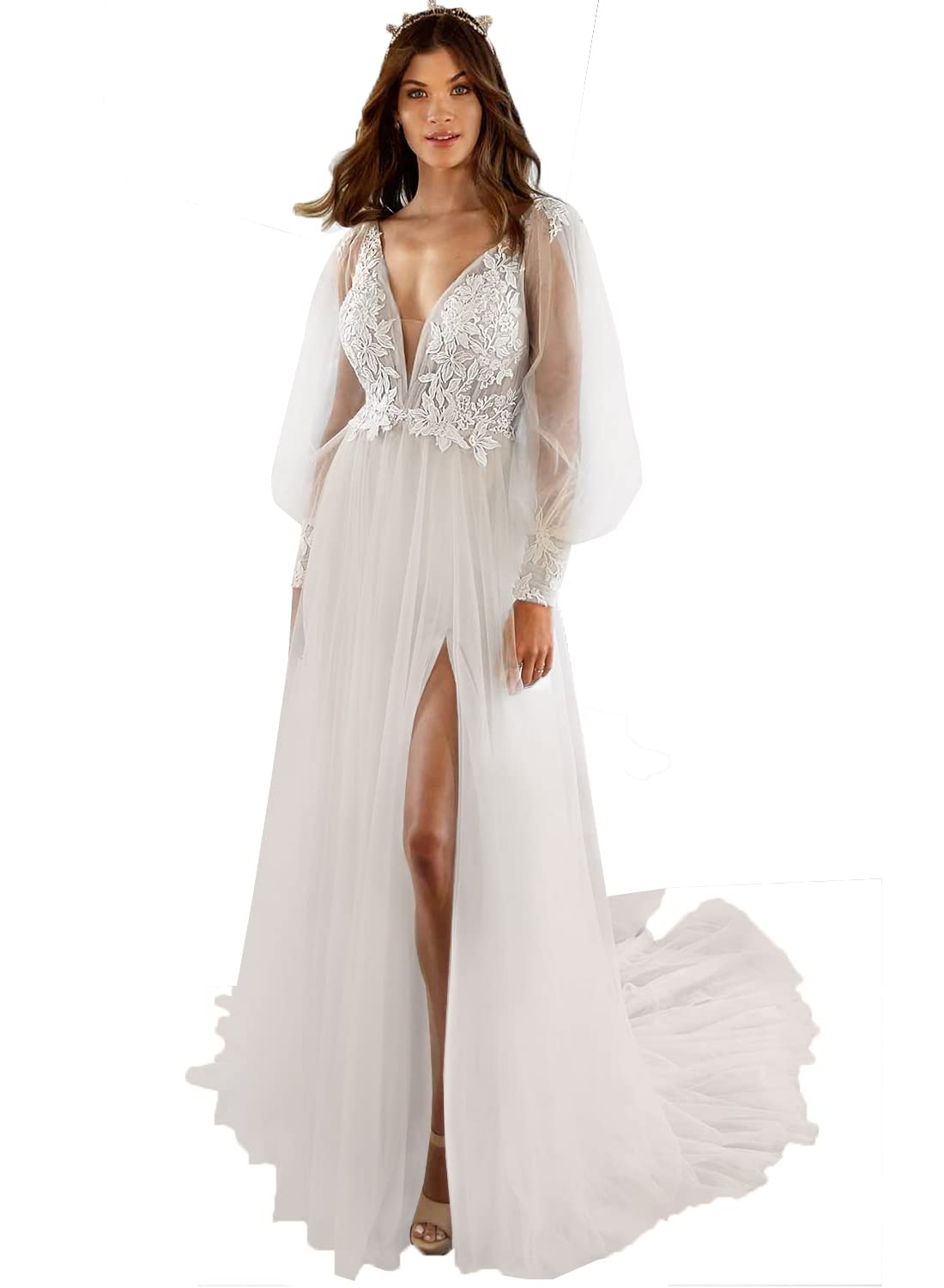 Elegant Lace Beach Wedding Dresses 2024 | Long Sleeve Boho Bridal Gown with Sheer Split & Train | Perfect for Beach, Destination, and Boho Chic Weddings