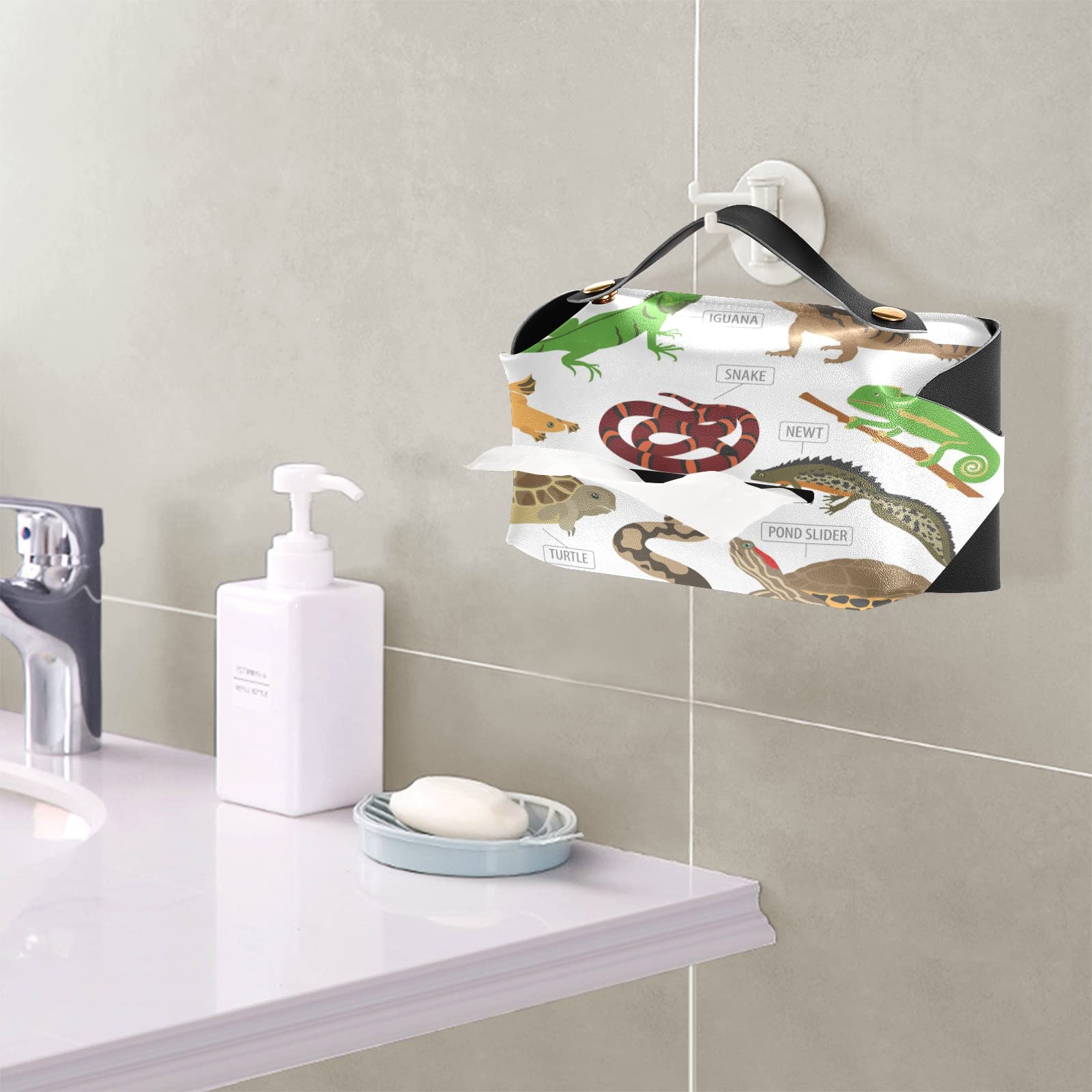 Premium Leather Tissue Box Cover for Reptile Lovers - Green & Brown Square Design with Handle for Frog, Iguana, Lizard, Snake, Newt & Turtle Enthusiasts - Perfect for Bathroom, Home, Nightstand, Vanity, Office Desk & Car (5.7x5.7x5.7 Inches) - Ideal Gift for Pet Owners & Reptile-Themed Decor